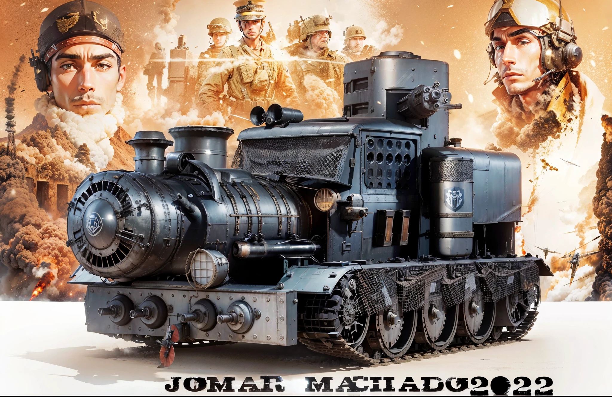 A fully armed train car with machine guns and missiles in the foreground, No fundo, male soldiers in war uniforms and a close-up of a male aviation pilot in World War II