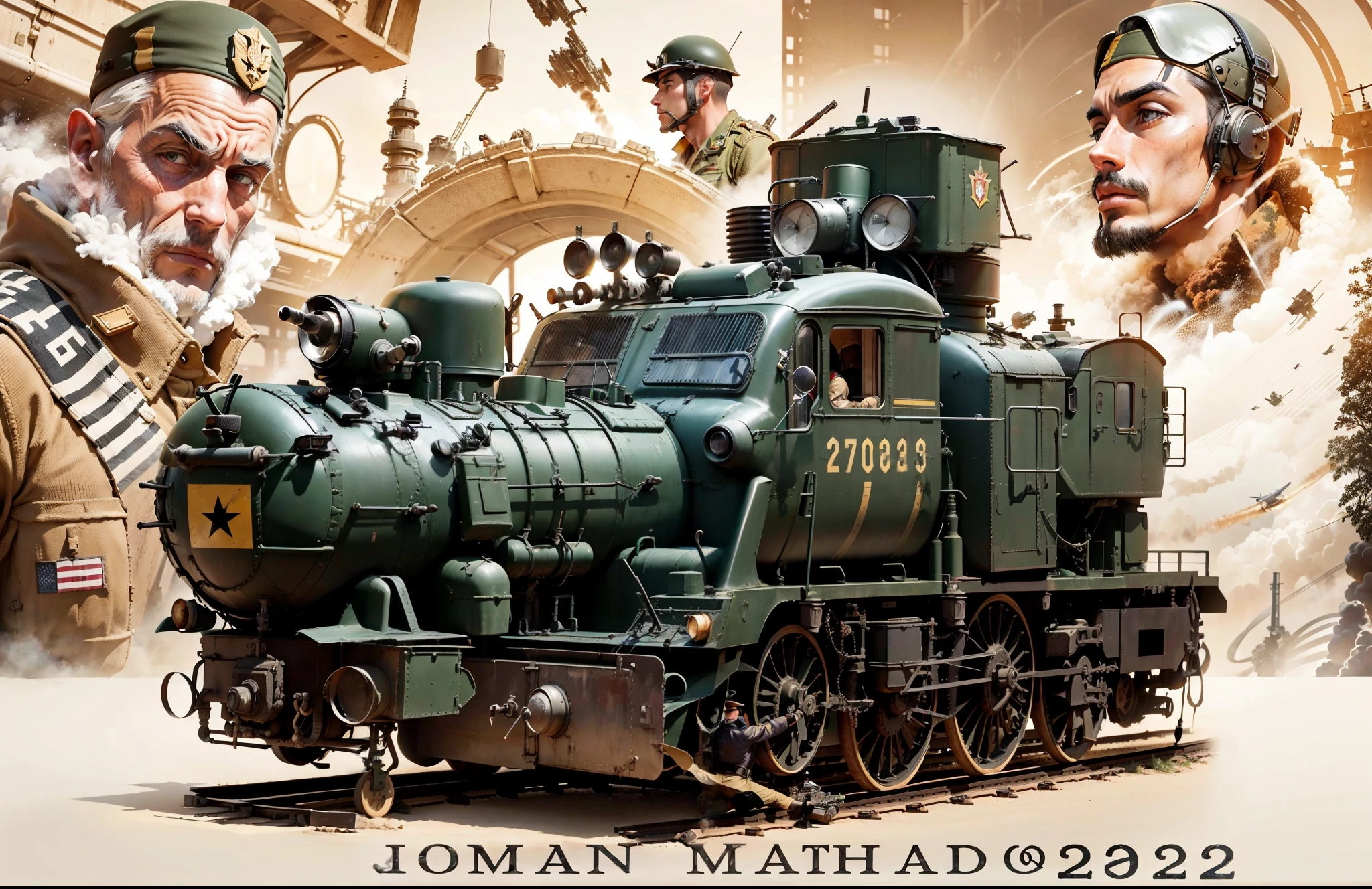 A fully armed train car with machine guns and missiles in the foreground, No fundo, male soldiers in war uniforms and a close-up of a male aviation pilot in World War II