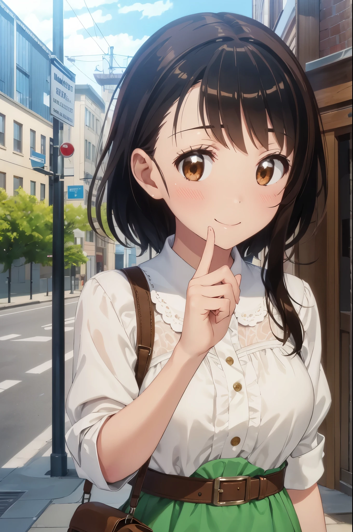 (Highly detailed CG Unity 8k wallpaper), (masterpiece), (highest quality), (Super detailed), (best illustrations), (confused), 1 girl, alone, brown hair, brown eyes, (Blue-green dress:1.1), (white collar:1.1), (Brown bag:1.1), (Thin belt of brown color:1.1), looking at the viewer, (extreme close up:1.1), smile, blush, put your hands together in front of your face, In front of the station, In town