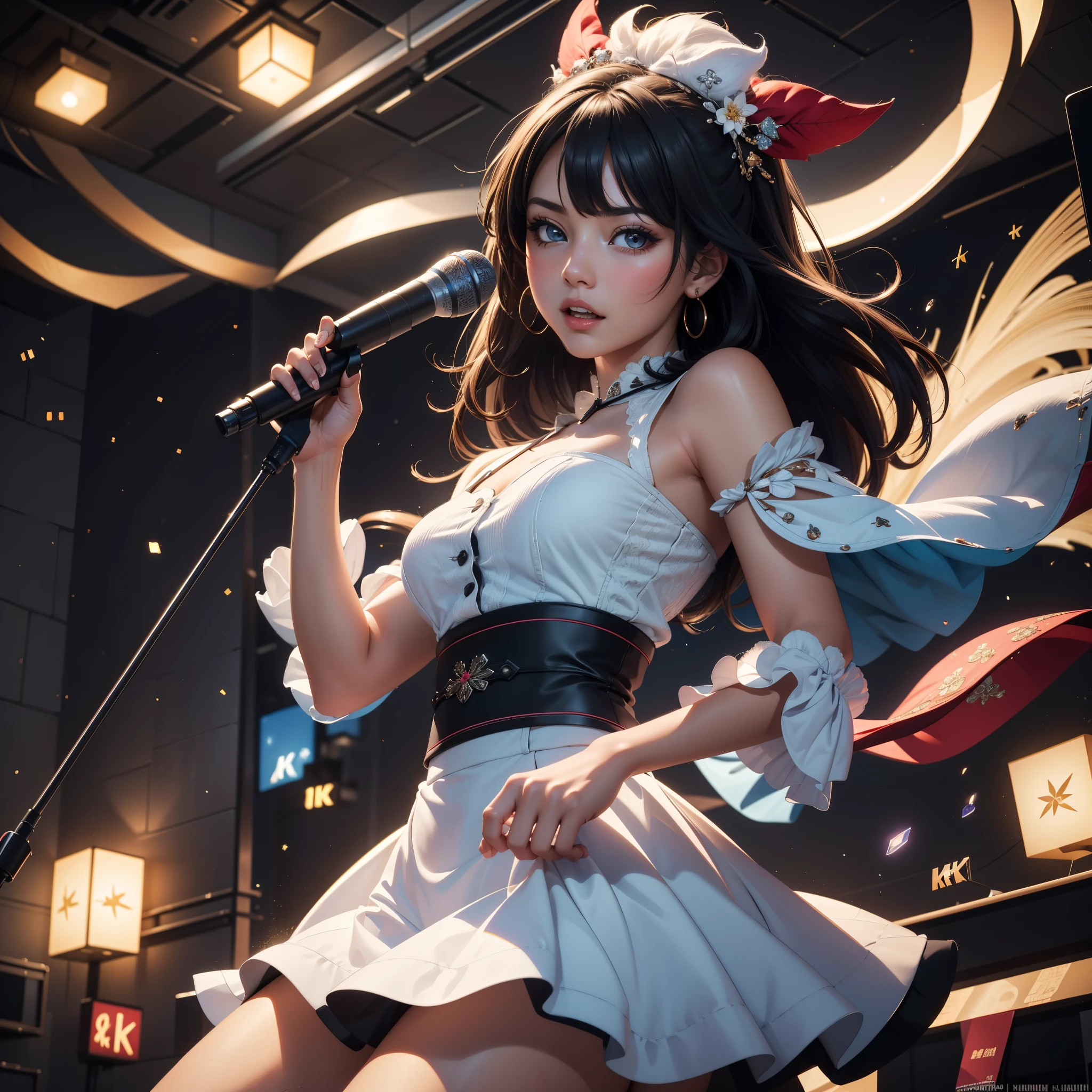 (Extremely detailed 8k wallpaper:2), (photo:2), (A girl in the distance with a karaoke in her hands:1.5), close-fitting clothing, (reality:1.5), (no anime:1), (super quality:1), (for social networks:1), (March 8 association:1), detailed (Face and eyes), (realistic:1), (maximum details:1), cozy, (fullbody:1.0), (looking at the karaoke:1.5), (expressive:1), (singing with passion:1), (attractive:1.5), Smile, Intelligence, Emp