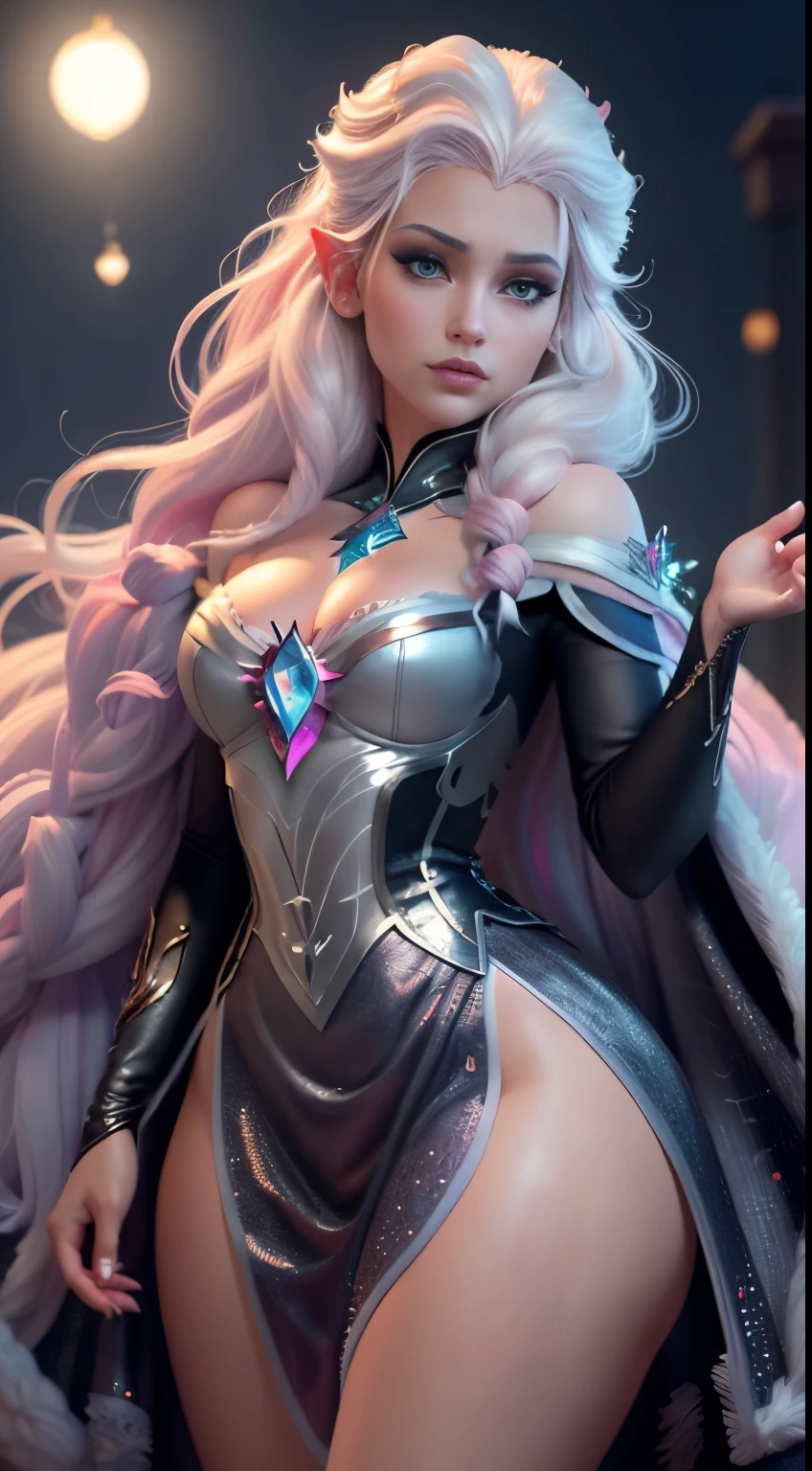 Elfgirl (rose quartz SU-Elsa frozen Disney mezclando modelos .) (ultra FUSIÓN de cabello blanco y rosado) Highly detailed CG unity 8k wallpaper, style shot, complex, high detail, dramatic, highest quality movie still image, very detailed, masterpiece, best quality, character design, Elsa, Elsa from Frozen,Diamante Rosado fusión (( Dark style)), realistic ultra-detailed rendering style, natural light, sharp character design, (hard focus, 8k), (((natural skin texture))), 8k textures, soft cinematic lighting, adobe lightroom, dark room, hdr, Sophisticated, Elegant, Rich Detail, Sharp Focuilm Look) )), Soothing Tones, Detail Frenzy, Intricate Detail, Super Detail, Low Contrast, Soft Film Lighting, Dull Colors, Exposure Blending, HDR, Fade, 35mm, f/1.4, ISO64, f16, 25 sec.