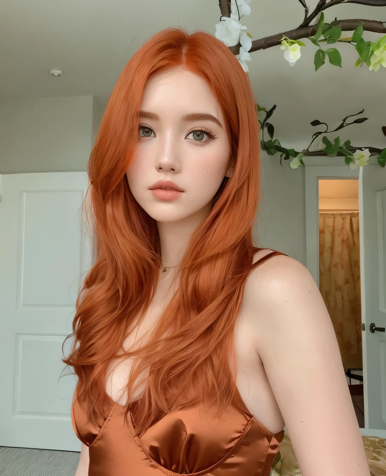 hay una mujer pelirroja posando para una foto, she has long redpelo naranja, long pelo naranja, long wavy pelo naranja, She has long orange-brown hair., amoranto, cabello pelirrojo suelto, pelo cobrizo, pelo naranja, ellie bamber, pelo ondulado de jengibre, pelo rojo largo y brillante, hada ellie bamber, pelo largo color oxidado, Sofia Turner