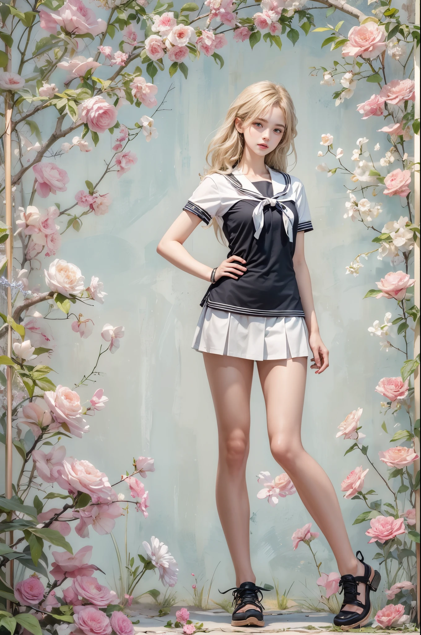 masterpiece, best quality, high quality, High definition, High quality texture, High quality shadow, high detail, beautiful detailed, finely detailed, extremely detailed cg, detailed texture, a realistic representation of the face, realistic, colorful, delicate, sharp focus, (intricate details, makeup, PureErosFace_V1:0.5), (detailed beautiful delicate face, detailed beautiful delicate eyes, a face of perfect proportion, high detailed skin, detailed skin, best ratio four finger and one thumb, skiny and thin:1.3), 1girl, 17 years old, tall, (smooth_abs:1.55), (abs:0.5), pretty, masterpiece, highres, (long_skinny_legs), (straight_legs), (skinny_waist), (((fair skin))), white skin, (((pale skin))), (Emma_watson), big_breast, (((Caucasian))), Light blonde hair, black Bandeau, white short pleated dress, standing legs apart, looking at viewer, full body, portrait of 1 cute blonde girll, Twin-tailed, Beach, White sailor suit and short skirt, 16-year-old female model，((White underwear)), bloom, realism, high-quality rendering, stunning art, high quality, film grain, Fujifilm XT3, dreamy