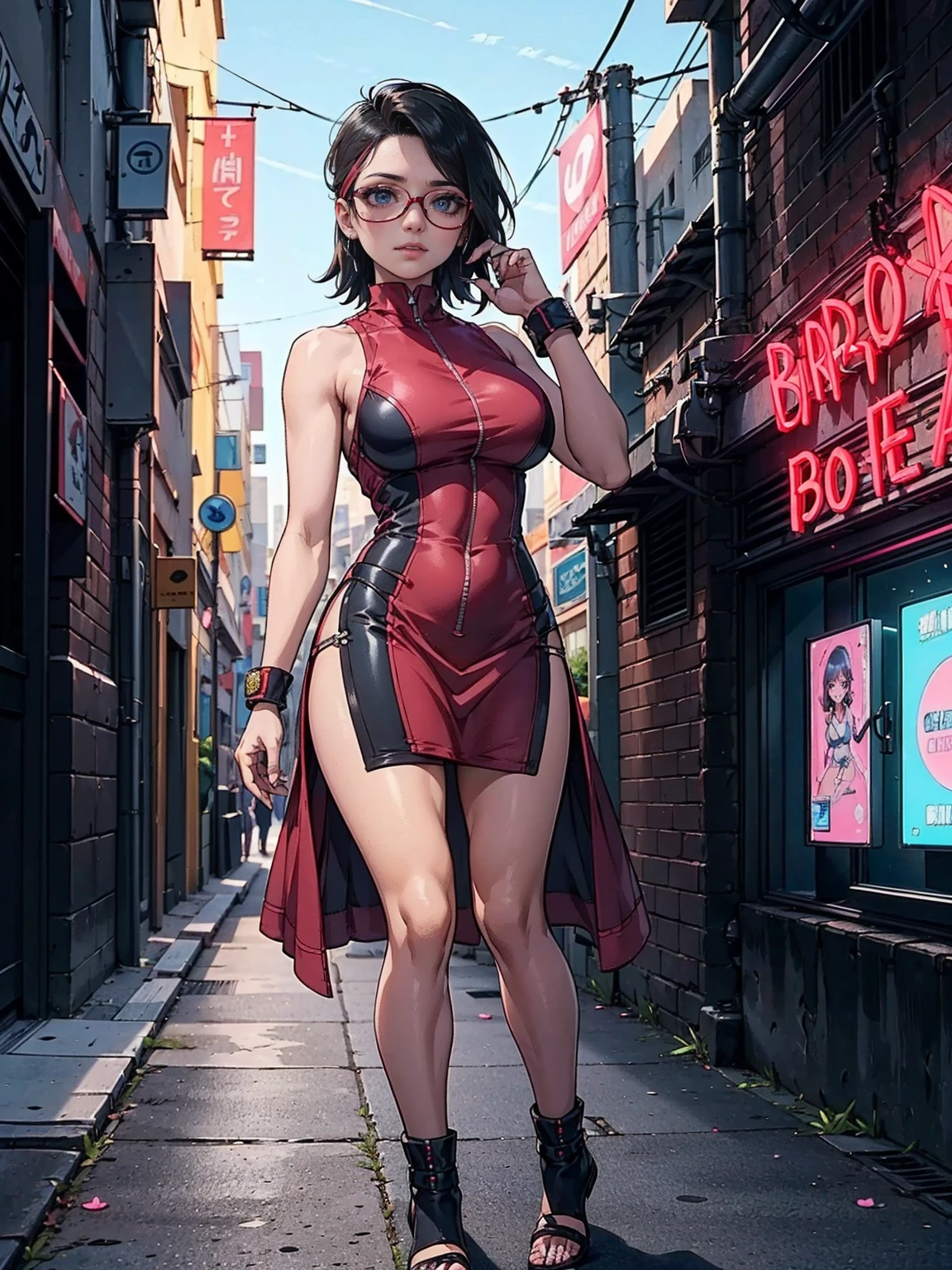 ((Sarada Uchiha, uchiha sarada, cabelo curto, cabelo preto, copos, olhos pretos)), (((musa, fitness, Quente, batom cor de rosa, Seios pequenos, Samba))), maximum quality, High definition, ultra sharp, obra de arte, ((obra de arte, 1 garota, Sozinho, lindo)), melhor qualidade, olhos expressivos, rosto perfeito, Super olhos, obra de arte, arte de personagem requintada altamente detalhada, epic fantasy, 1 mulher, Egyptian, Atraente, (((vestido bodycon, (vestido de noite, vestido rosa)), (brilhante, sedoso), Short cabelo preto, Franja longa)), paisagem urbana, cyberpunk scene, futurista, neon highlights, maquiagem neon, Glamouroso, traje vermelho, Evento Coachella, paparazzi, raios de deus, holofotes, confete, salto alto