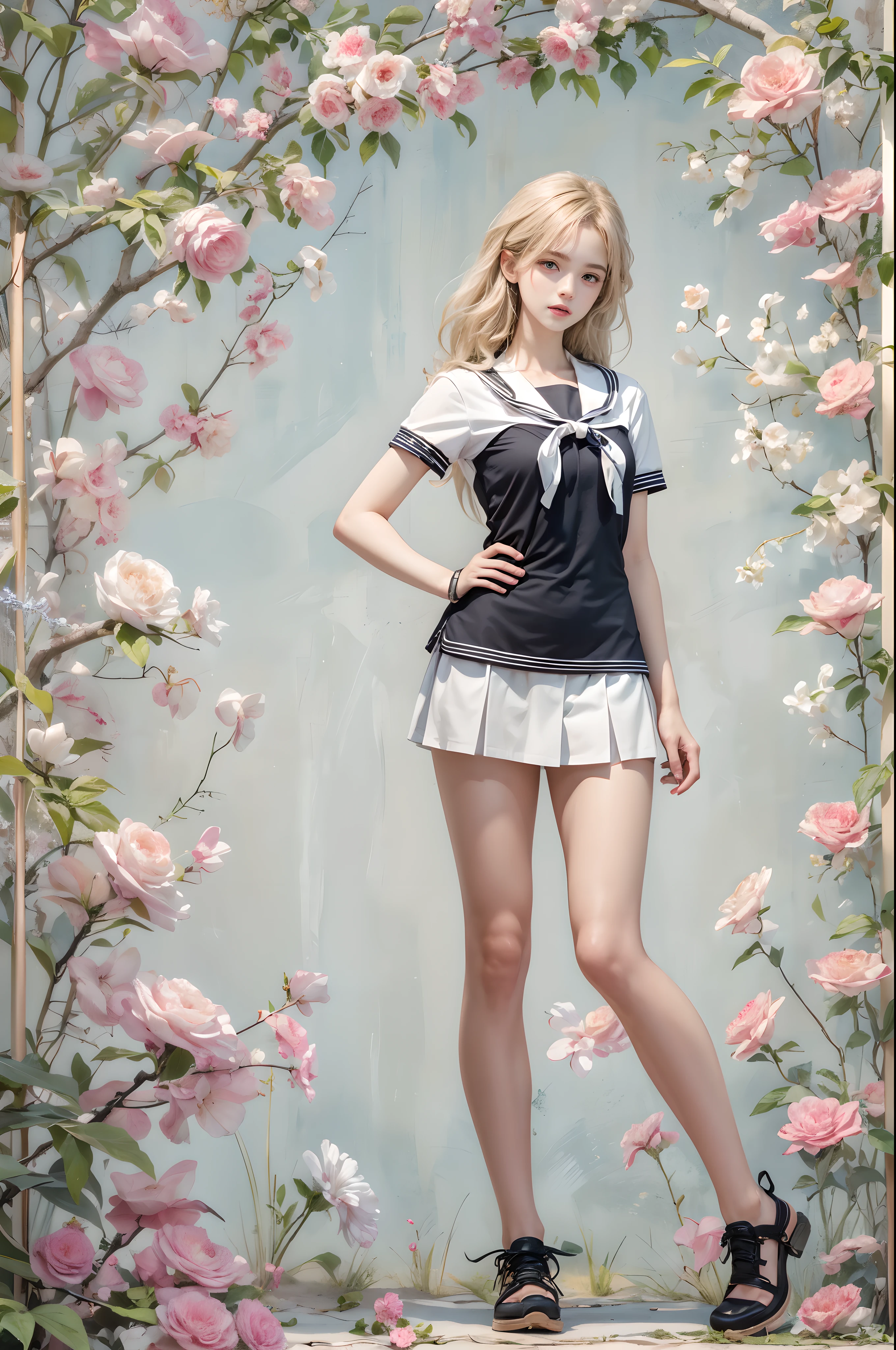 masterpiece, best quality, high quality, High definition, High quality texture, High quality shadow, high detail, beautiful detailed, finely detailed, extremely detailed cg, detailed texture, a realistic representation of the face, realistic, colorful, delicate, sharp focus, (intricate details, makeup, PureErosFace_V1:0.5), (detailed beautiful delicate face, detailed beautiful delicate eyes, a face of perfect proportion, high detailed skin, detailed skin, best ratio four finger and one thumb, skiny and thin:1.3), 1girl, 17 years old, tall, (smooth_abs:1.55), (abs:0.5), pretty, masterpiece, highres, (long_skinny_legs), (straight_legs), (skinny_waist), (((fair skin))), white skin, (((pale skin))), (Emma_watson), big_breast, (((Caucasian))), Light blonde hair, black Bandeau, white short pleated dress, standing legs apart, looking at viewer, full body, portrait of 1 cute blonde girll, Twin-tailed, Beach, White sailor suit and short skirt, 16-year-old female model,((White underwear)), bloom, realism, high-quality rendering, stunning art, high quality, film grain, Fujifilm XT3, dreamy