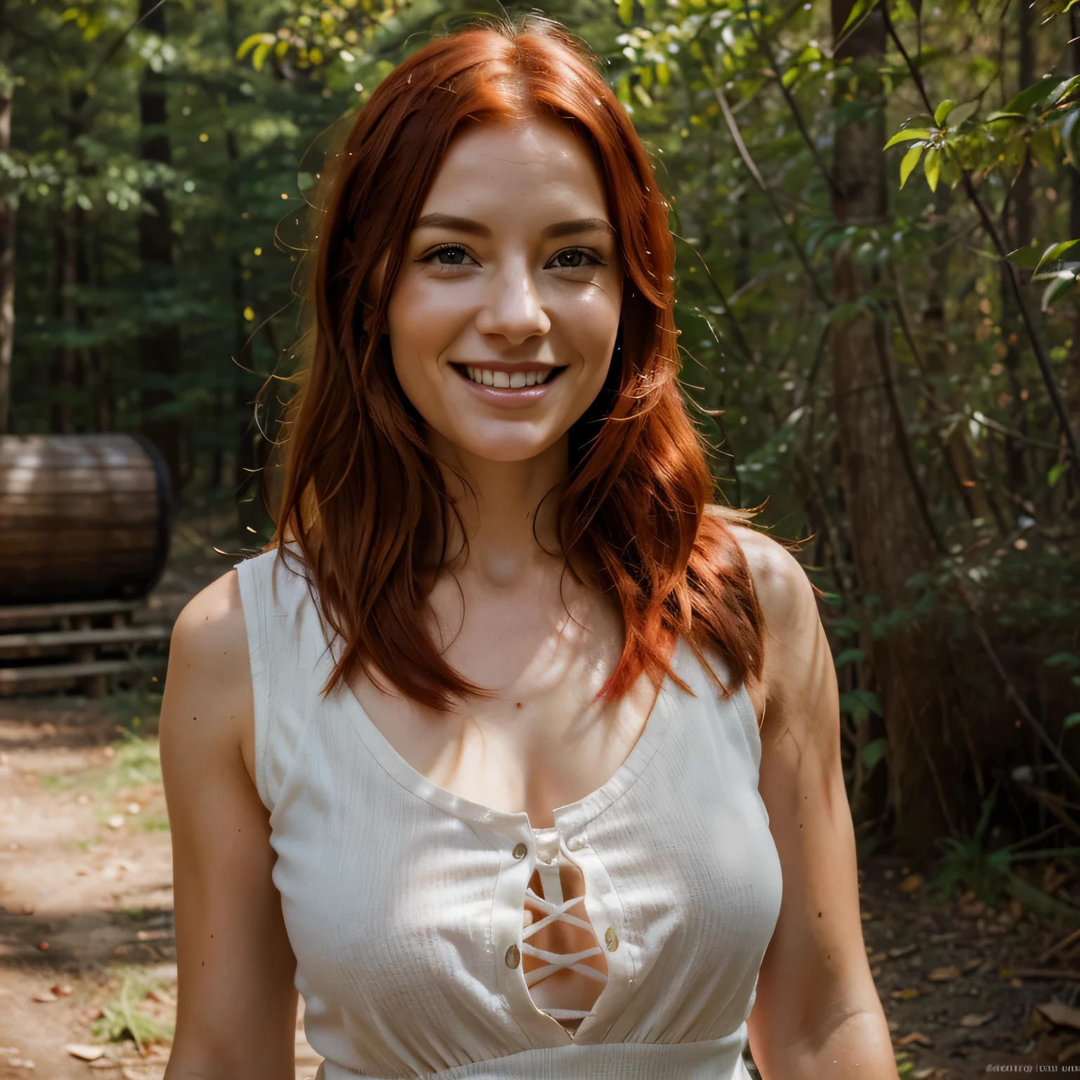 generate a photo realistic ultra detialed raw skin, portrait of a 35 yo woman in nature. the woman has red hair, she is smiling and she has beautiful clothes on