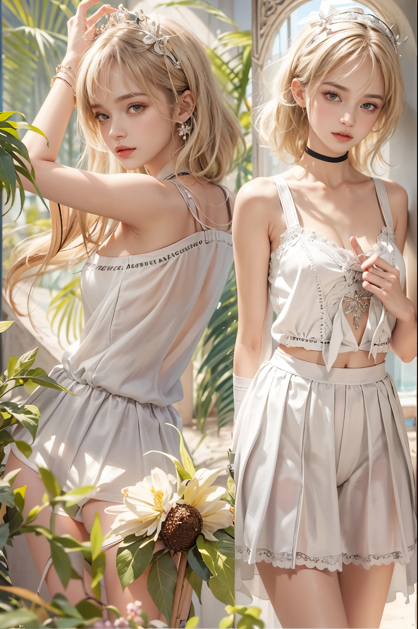 masterpiece, best quality, high quality, High definition, High quality texture, High quality shadow, high detail, beautiful detailed, finely detailed, extremely detailed cg, detailed texture, a realistic representation of the face, realistic, colorful, delicate, sharp focus, (intricate details, makeup, PureErosFace_V1:0.5), (detailed beautiful delicate face, detailed beautiful delicate eyes, a face of perfect proportion, high detailed skin, detailed skin, best ratio four finger and one thumb, skiny and thin:1.3), 1girl, 17 years old, tall, (smooth_abs:1.55), (abs:0.5), pretty, masterpiece, highres, (long_skinny_legs), (straight_legs), (skinny_waist), (((fair skin))), white skin, (((pale skin))), (Emma_watson), big_breast, (((Caucasian))), Light blonde hair, black Bandeau, white short pleated dress, standing legs apart, looking at viewer, full body, portrait of 1 cute blonde girll, Twin-tailed, Beach, White sailor suit and short skirt, 16-year-old female model，((White underwear)), bloom, realism, high-quality rendering, stunning art, high quality, film grain, Fujifilm XT3, dreamy