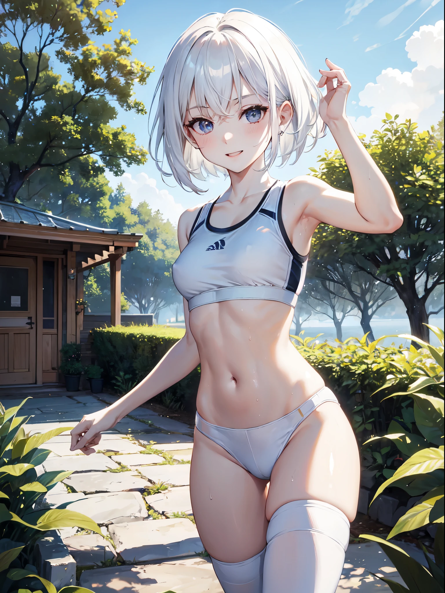 1 girl, (alone:1.2), ((masterpiece)), Slim, , pale skin, ((delicate eyes)), (bokeh effect), sweating, (dynamic angle), running, white hair, short hair, bare shoulders，Lilu&#39;s collarbone, armpit, (External), Smile, garden, sports,  thong，sports shoes，White knee socks，running，Crowds of people，b cup，white girls sports bra，high resolution，Super detailed