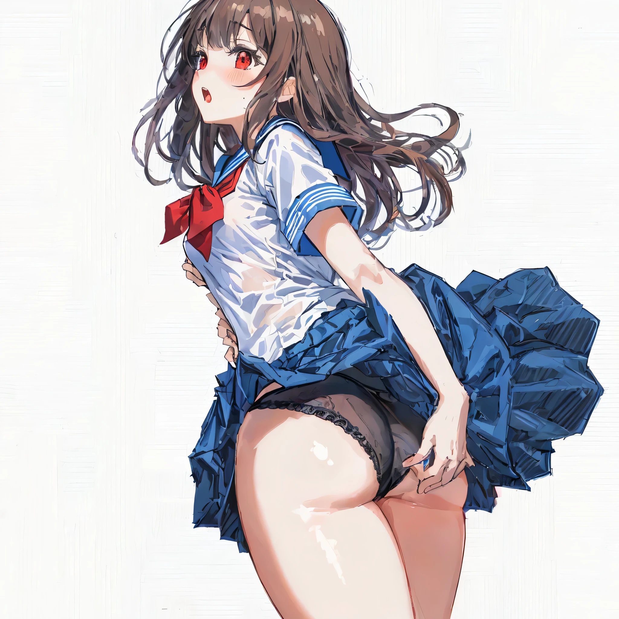 white background,masterpiece, highest quality,figure,sailor suit,slanted eyes,straight hair,brown hair,Side division,super dense skin,surprised,detailed and beautiful eyes,blush,short sleeve shirt,red eyes,(big breasts:1.2), (A raised and well-defined bust:1.2), (lifted chest:1.2), (perky chest :1.2),cover one&#39;s chest with one&#39;s hands,high school girl,undressing,black lingerie,school changing room,undressing,take off half of your clothes,black bra,open your mouth,Highly detailed black panties