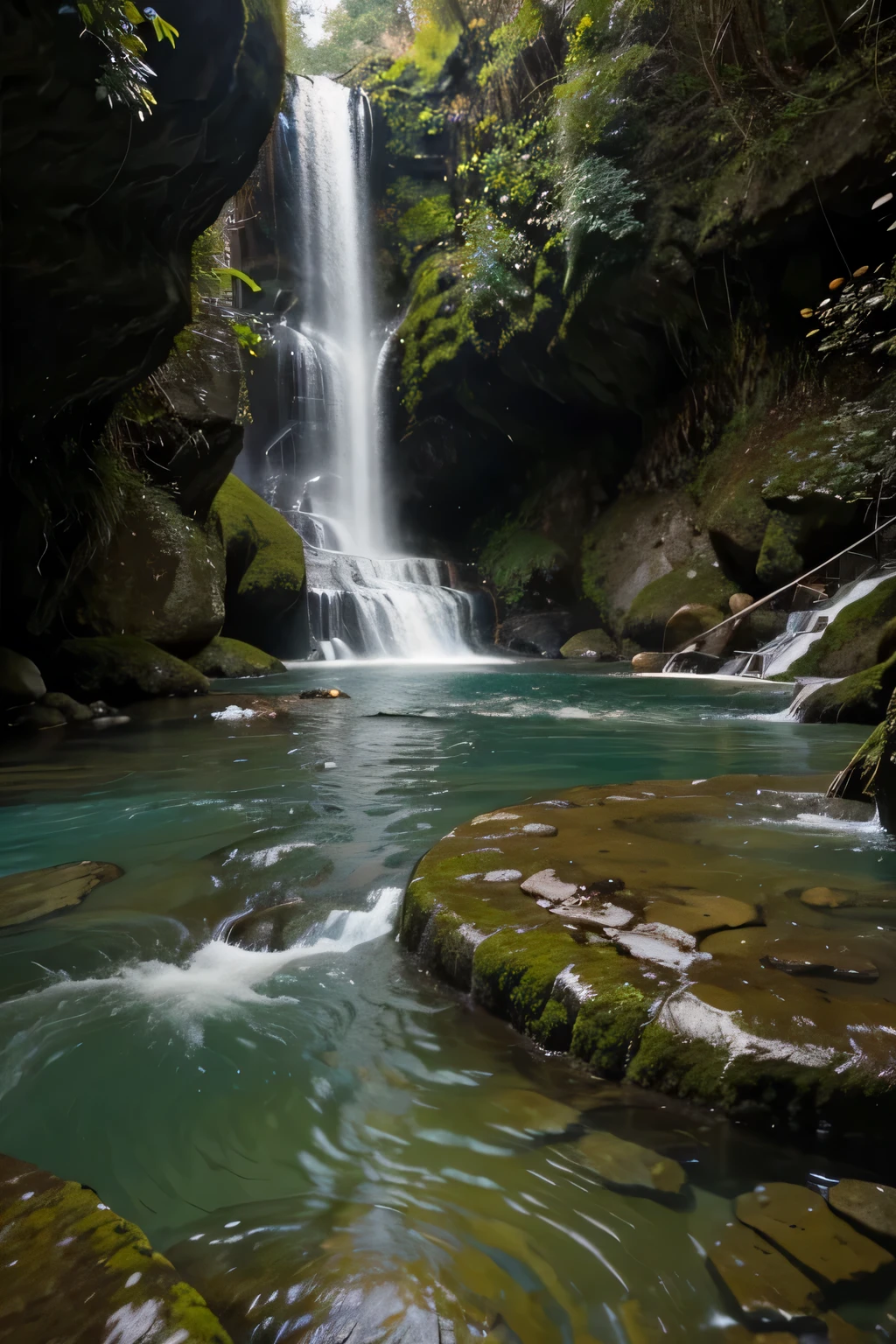 cree una imagen de un rio corriente con cascadas y pozas
