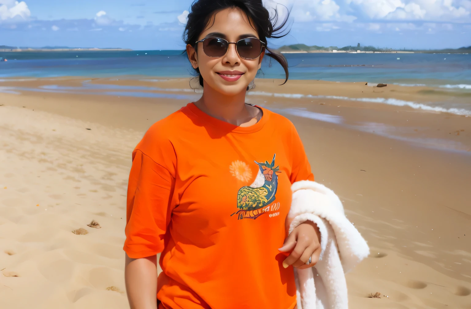 there is a woman standing on the Praia with a towel, vestindo uma camiseta laranja, vestindo uma camiseta laranja, Praia pic, at a Praia, imagem de perfil, standing at the Praia, Praia, standing near the Praia, posing on a Praia with the ocean, at the Praia, at a tropical Praia, vestindo uma camiseta, in the Praia