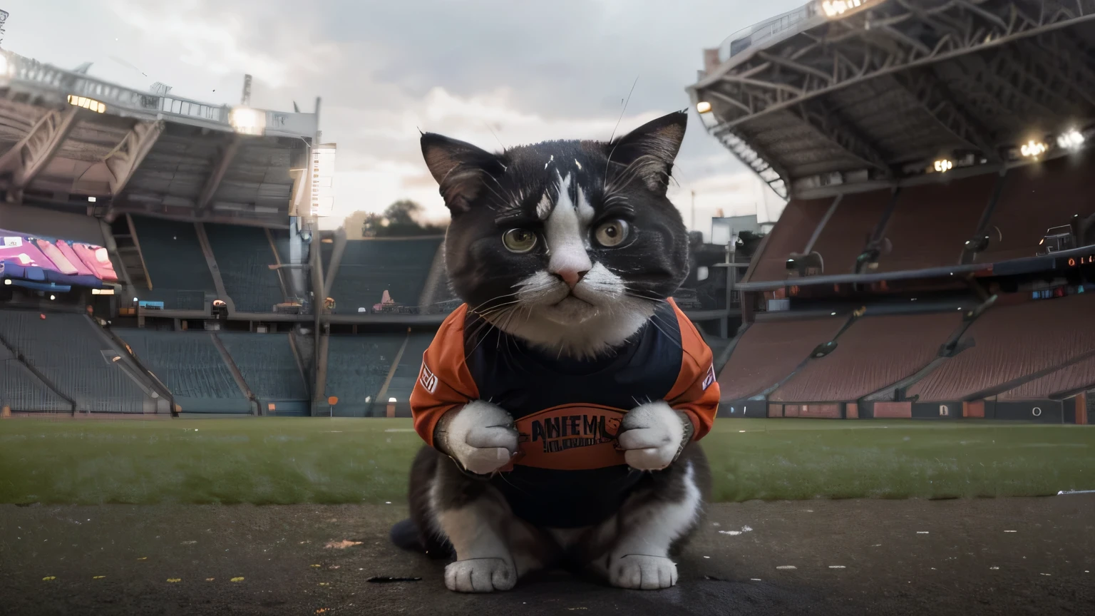 at the stadium, crying thick cat, orange, thick, People point fingers, depth of field, Disney style, dark_glamorous, wear DRC_glamorous, deep shadow, (dark: 1.4), (8K, Raw-Photo, Best quality, Masterpiece: 1.2), sad with big eyes , rain, sadness, suffering, When the American ball is lost, Cat in sportswear, like Kat, American football player..