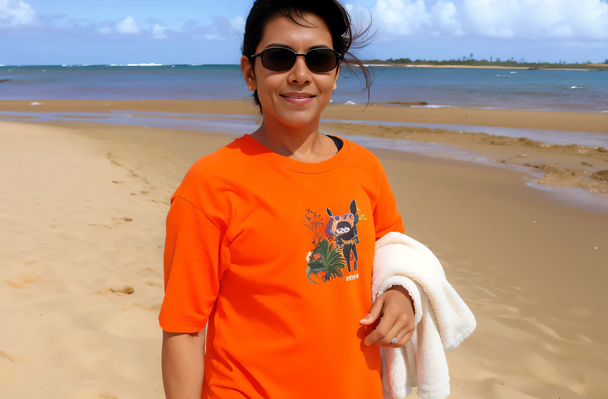 there is a woman standing on the Praia with a towel, vestindo uma camiseta laranja, vestindo uma camiseta laranja, Praia pic, at a Praia, imagem de perfil, standing at the Praia, Praia, standing near the Praia, posing on a Praia with the ocean, at the Praia, at a tropical Praia, vestindo uma camiseta, in the Praia