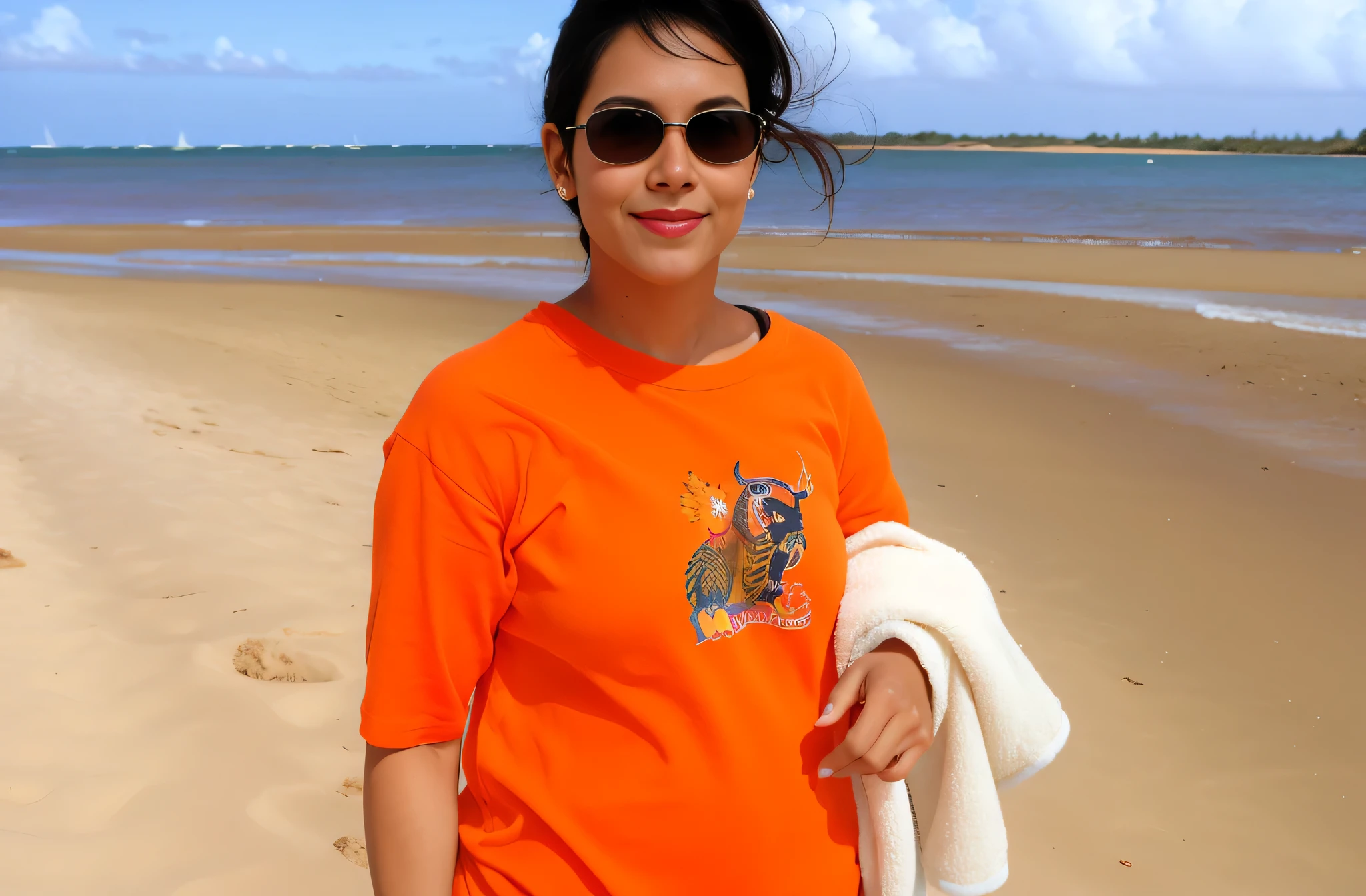 there is a woman standing on the Praia with a towel, vestindo uma camiseta laranja, vestindo uma camiseta laranja, Praia pic, at a Praia, imagem de perfil, standing at the Praia, Praia, standing near the Praia, posing on a Praia with the ocean, at the Praia, at a tropical Praia, vestindo uma camiseta, in the Praia.
Mulher americana com branco, pele bronzeada e cabelo castanho escuro. Your well-defined lips. seu grande, olhos encantadores parecem conter um mundo de maravilhas. Ela tem 35 anos. Ela tem 162 cm de altura e pesa 56 kg. Your body exudes glamor and your face is the definition of beauty, pernas bem torneadas, Beautiful lips, ela usa batom rosa, feeling of lightness and joy, hiperrealismo, obra de arte, alta qualidade, foto clara, high resolution, 8K.