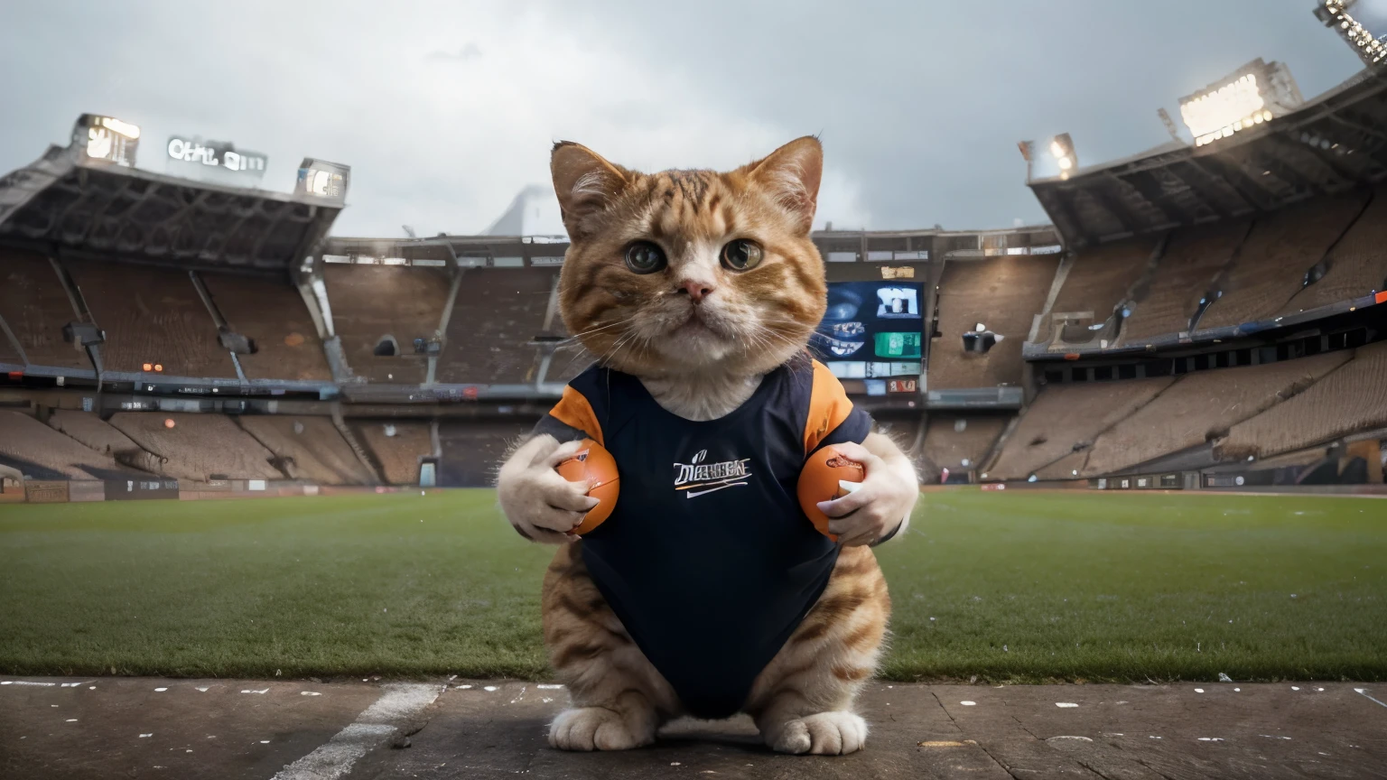 at the stadium, so crying sad fat kitty cat, orange, fat, People are pointing fingers, depth of field, disney style, DARK_Glam, wearing DRK_Glam, deep shadow, (dark: 1.4), (8k, RAW photo, best quality, masterpiece: 1.2), with big eyes sad with , rain, sadness, suffering, With the American ball losing, Cat In sportswear like CAT an American football player.