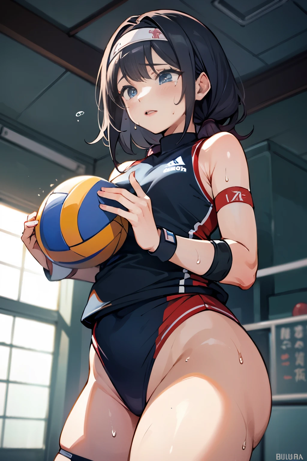 unity 8k wallpaper, anatomically correct, (((masterpiece))), (((best quality))), (((ultra detailed))), (((high-resolution))), ((super fine illustration)), ((Ultimate cutie)), ((detailed beautiful face)), ((perfect hands)), perfect finger, (((good anatomy))), Solo, One girl, , potbelly, (Curve), (plump), medium breasts, ((thick thighs)), Shiny hair, (A look of regret), (((Tearfully))), ((blush)), BREAK, Adidas, (((Buruma))), (Sleeveless Volleyball Uniforms), head band, ((wristbands)), ((Kneepads)), BREAK, ((Hold a beautiful Perfectly spherical 6" volleyball with both hands)), slouching forward, ((Sweat)), (perspired), (Heavy breathing), Sense of depth, in gymnasium, Lighting, (Looking down), cowboy shot