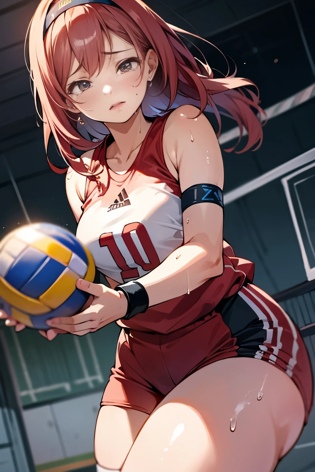 unity 8k wallpaper, anatomically correct, (((masterpiece))), (((best quality))), (((ultra detailed))), (((high-resolution))), ((super fine illustration)), ((Ultimate cutie)), ((detailed beautiful face)), ((perfect hands)), perfect finger, (((good anatomy))), Solo, One girl, 17 years old, potbelly, (Curve), (plump), medium breasts, ((thick thighs)), Shiny hair, (A look of regret), (((Tearfully))), ((blush)), BREAK, Adidas, (((Buruma))), (Sleeveless Volleyball Uniforms), head band, ((wristbands)), ((Kneepads)), BREAK, ((Hold a beautiful Perfectly spherical 6" volleyball with both hands)), slouching forward, ((Sweat)), (perspired), (Heavy breathing), Sense of depth, in gymnasium, Lighting, (Looking down), cowboy shot