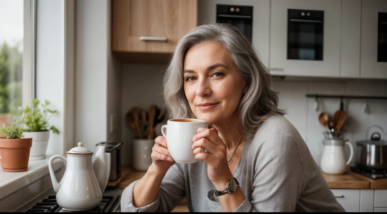 photo of a 65-year-old woman with gray hair, Selfie eines 65 Jahre alten Models, gray haare, super attraktiv, sweet, cute, sexy, 55mm linse, self Photografic, Hochdetailliertes Hautbild, mittlere Oberweite, in the kitchen, mit Kaffee Tasse in der Hand, im Morgenmantel