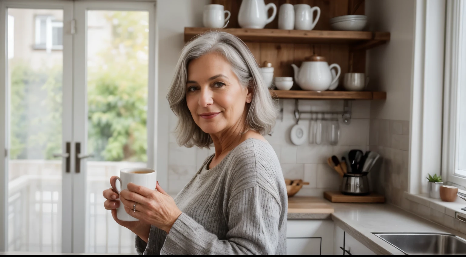 photo of a 65-year-old woman with gray hair, Selfie eines 65 Jahre alten Models, gray haare, super attraktiv, sweet, cute, sexy, 55mm linse, self Photografic, Hochdetailliertes Hautbild, mittlere Oberweite, in the kitchen, mit Kaffee Tasse in der Hand, im Morgenmantel