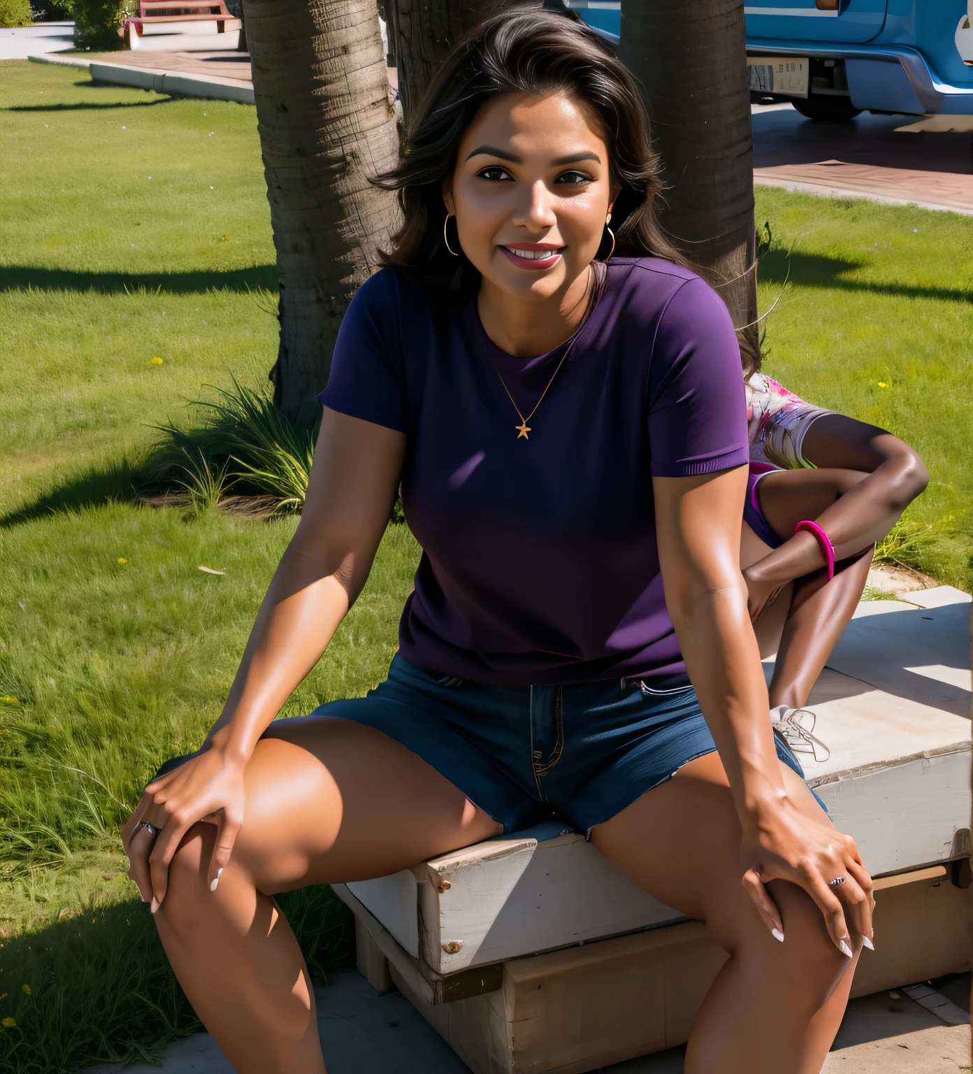 woman sentado em um banco with a on her lap, Mulher de 30 anos em um parque,
Mulher americana com branco, pele bronzeada e cabelo castanho escuro. Your well-defined lips. seu grande, olhos encantadores parecem conter um mundo de maravilhas. Ela tem 35 anos. Ela tem 162 cm de altura e pesa 56 kg. Your body exudes glamor and your face is the definition of beauty, pernas bem torneadas, Beautiful lips, ela usa batom rosa, feeling of lightness and joy, hiperrealismo, obra de arte, alta qualidade, foto clara, high resolution, 8K.