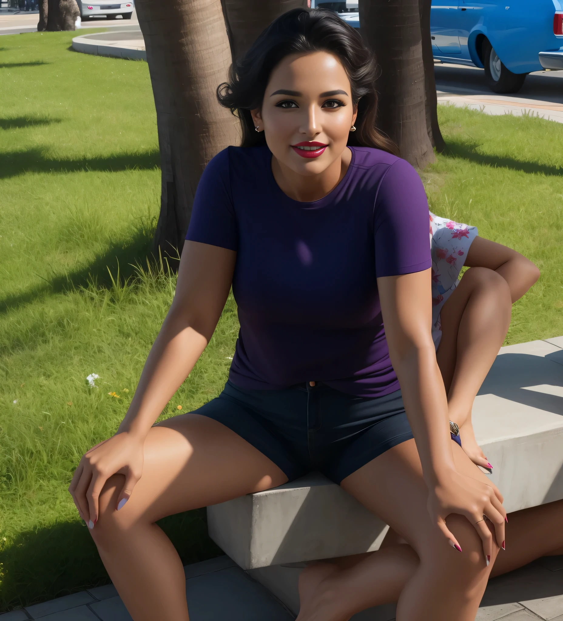 woman sentado em um banco with a  on her lap, Mulher de 30 anos em um parque, 
Mulher americana com branco, pele bronzeada e cabelo castanho escuro. Your well-defined lips. seu grande, olhos encantadores parecem conter um mundo de maravilhas. Ela tem 35 anos. Ela tem 162 cm de altura e pesa 56 kg. Your body exudes glamor and your face is the definition of beauty, pernas bem torneadas, Beautiful lips, ela usa batom rosa, feeling of lightness and joy, hiperrealismo, obra de arte, alta qualidade, foto clara, high resolution, 8K.
