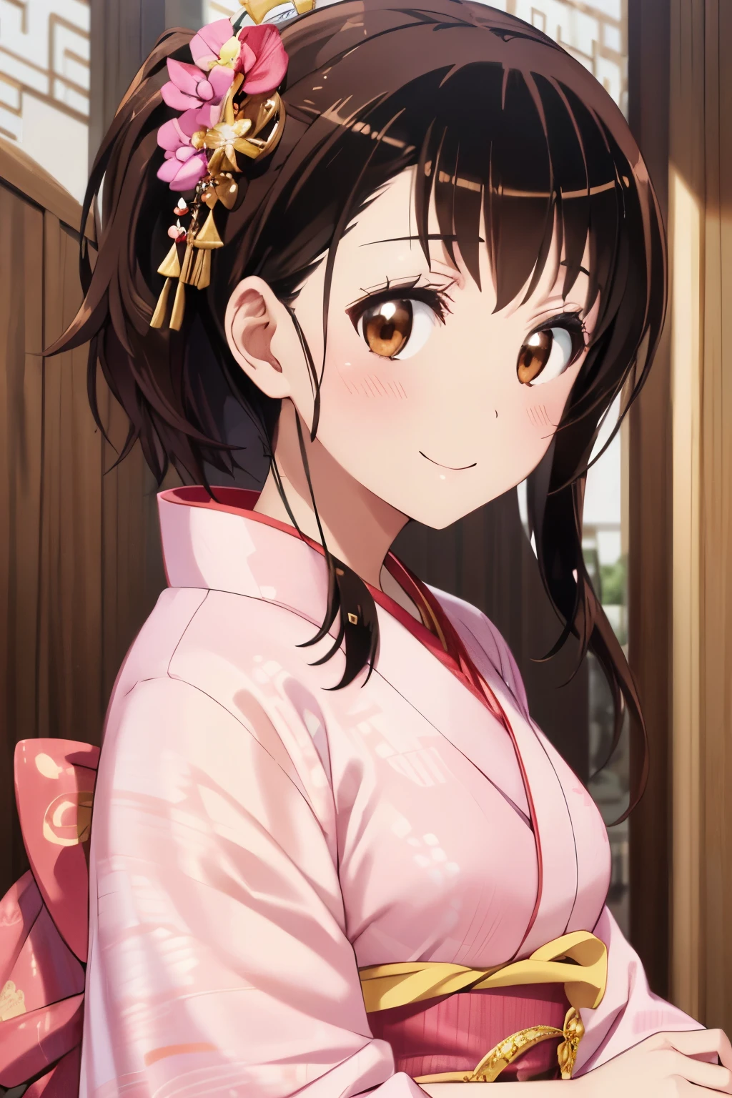 (Highly detailed CG Unity 8k wallpaper), (masterpiece), (highest quality), (Super detailed), (best illustrations), (confused), 1 girl, alone, brown hair, brown eyes, (pink kimono:1.1), luxurious pattern, (Hair ornament 1.1), (hairpin:1.1), looking at the viewer, (extreme close up:1.1), smile, blush, shrine festival