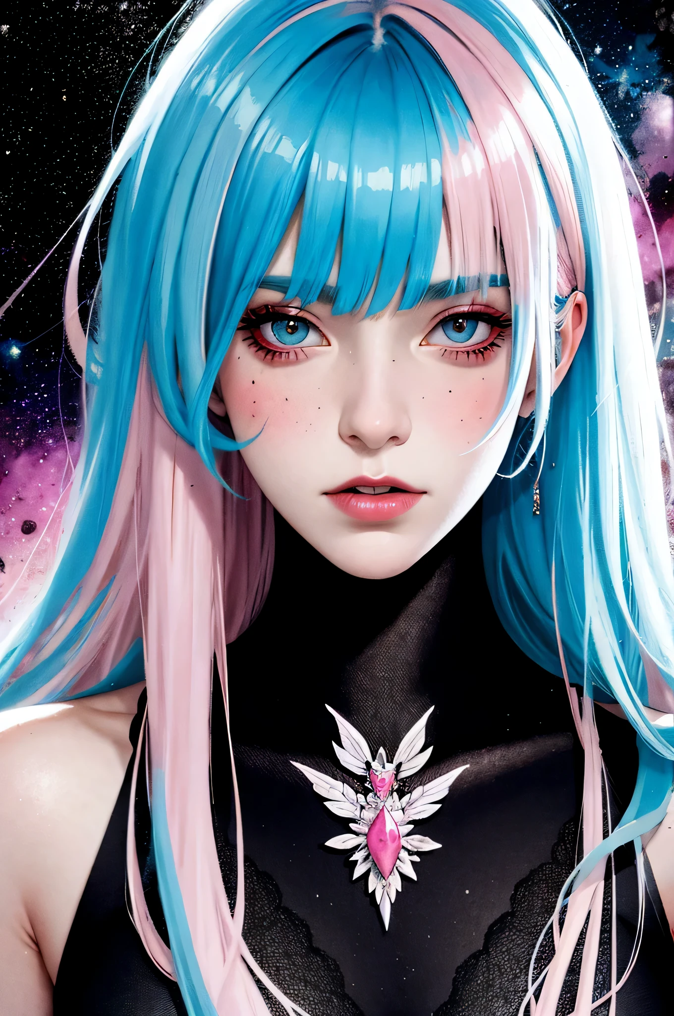 goddess of eternity with pink and blue hair, fading into the cosmos, neo punk, inkpunk, jem and the holograms, pop surrealism, in the style of frank moth, carne griffiths and adrian ghenie, sharp focus, messy, highly detailed,