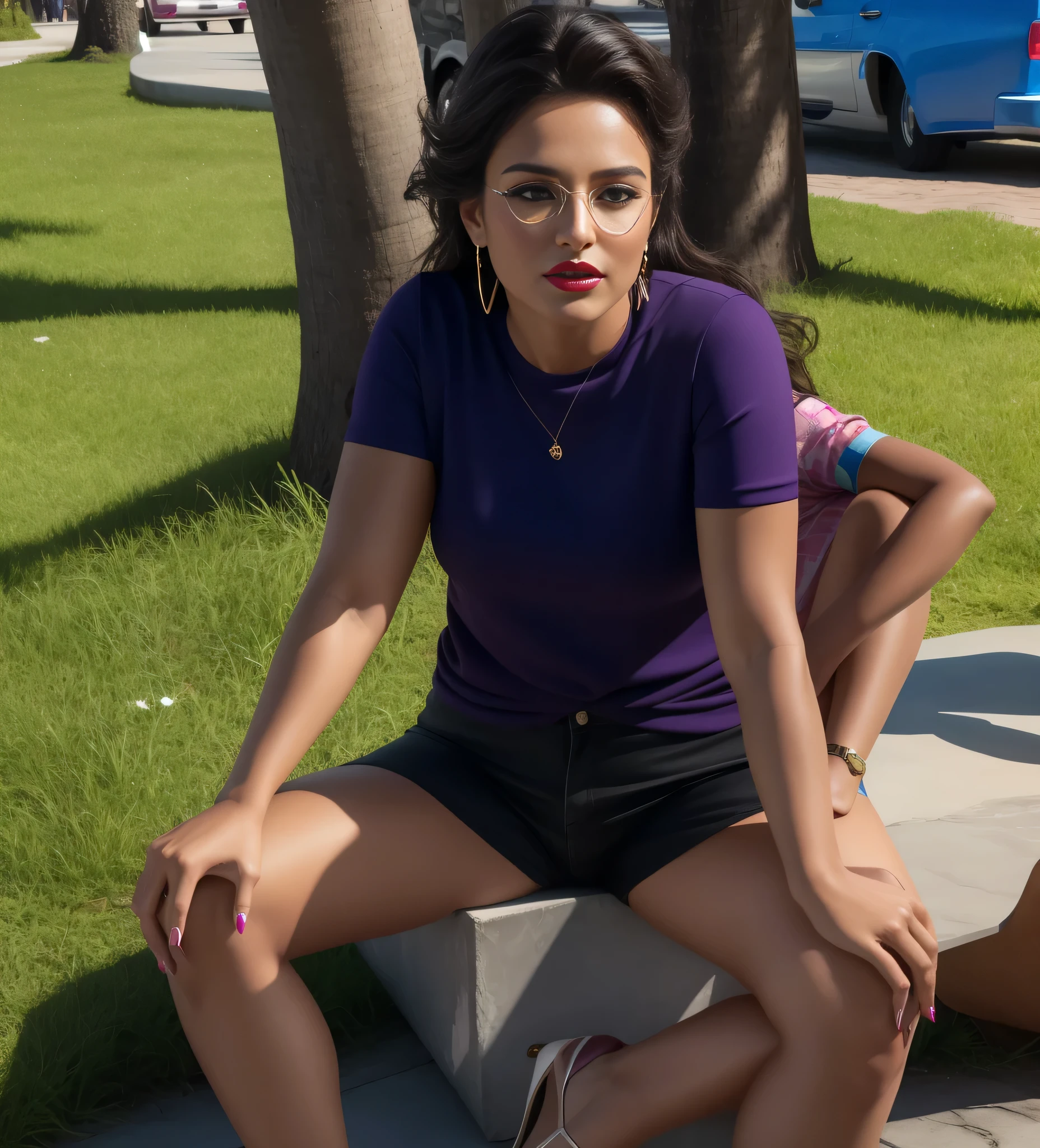 woman sentado em um banco with a on her lap, Mulher de 30 anos em um parque,
Mulher americana com branco, pele bronzeada e cabelo castanho escuro. Your well-defined lips. seu grande, olhos encantadores parecem conter um mundo de maravilhas. Ela tem 35 anos. Ela tem 162 cm de altura e pesa 56 kg. Your body exudes glamor and your face is the definition of beauty, pernas bem torneadas, Beautiful lips, ela usa batom rosa, feeling of lightness and joy, hiperrealismo, obra de arte, alta qualidade, foto clara, high resolution, 8K.