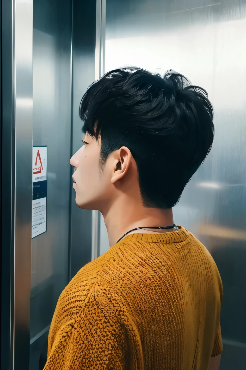 Back view of a Korean man standing in an elevator

