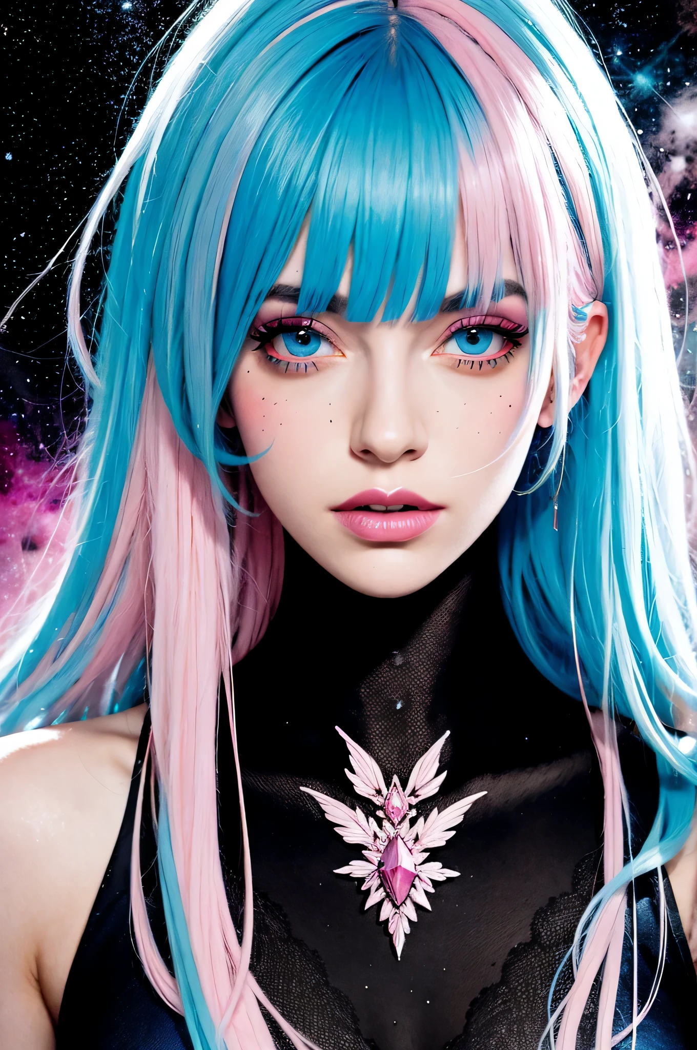 goddess of eternity with pink and blue hair, fading into the cosmos, neo punk, inkpunk, jem and the holograms, pop surrealism, in the style of frank moth, carne griffiths and adrian ghenie, sharp focus, messy, highly detailed, blue eyes