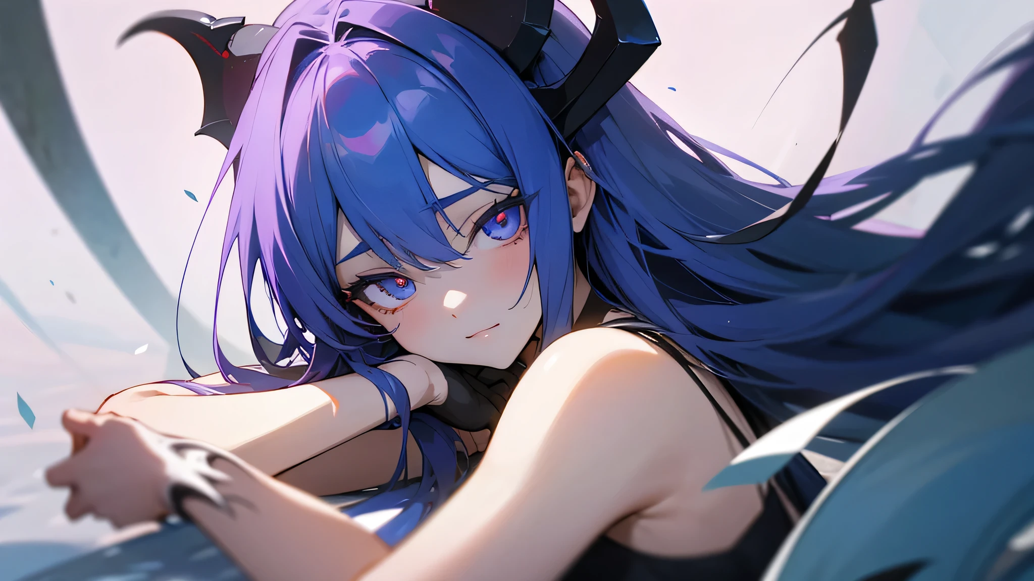Create a high-quality image using artificial intelligence that depicts a cute anime girl with demonic features. The girl must have delicate and captivating features, com olhos expressivos e cabelos exuberantes. Your appearance should convey a mysterious and seductive aura, combining angelic and demonic elements harmoniously. A imagem deve ser detalhada e envolvente, with attention to the smallest details to ensure a stunning representation of the anime's demon girl. Certifique-se de que a qualidade da imagem seja excepcional, destacando-se pela nitidez, cores vibrantes e texturas realistas.