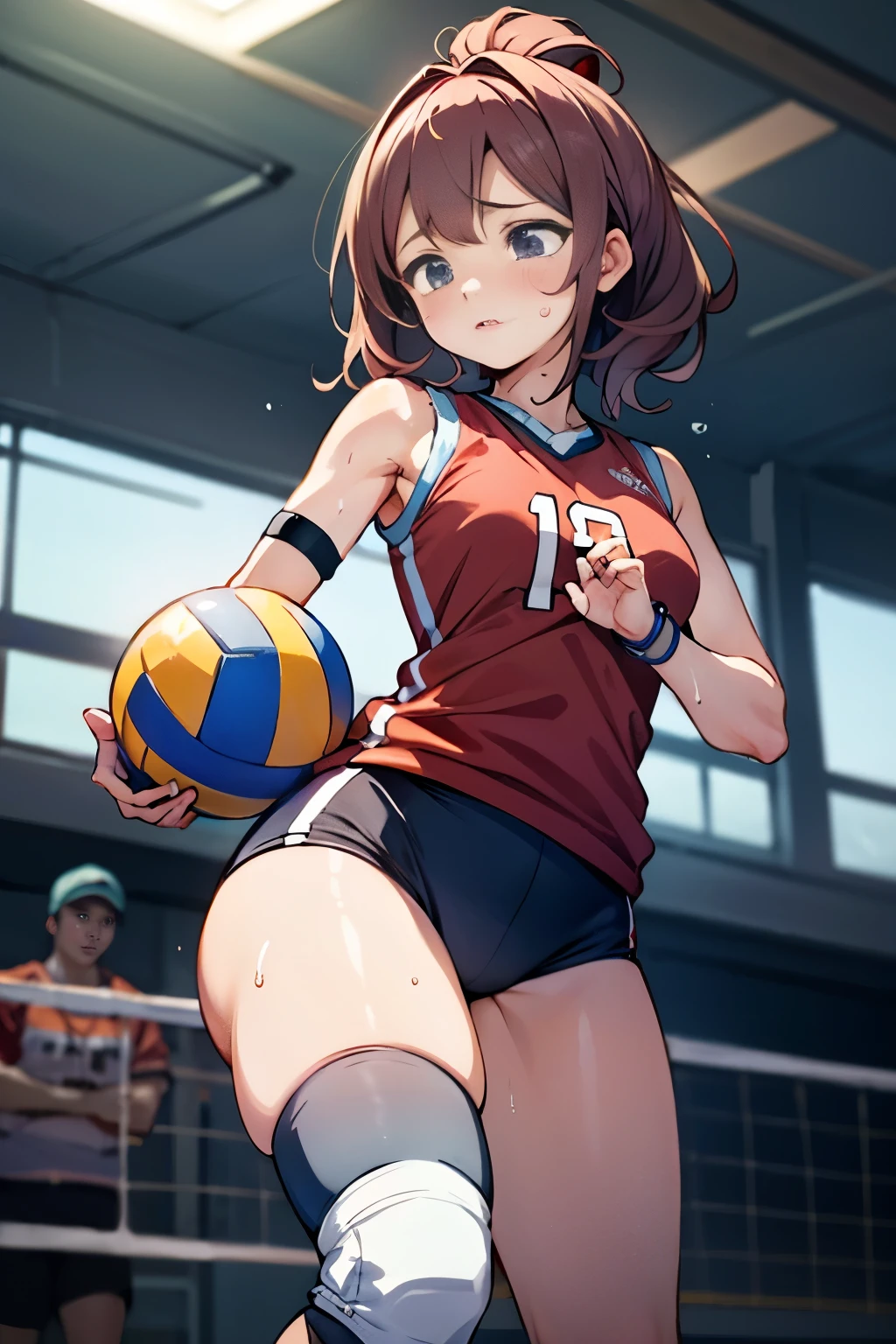 unity 8k wallpaper, anatomically correct, (((masterpiece))), (((best quality))), (((ultra detailed))), (((high-resolution))), ((super fine illustration)), ((Ultimate cutie)), ((detailed beautiful face)), ((perfect hands)), perfect finger, (((good anatomy))), Solo, One girl, 17 years old, potbelly, (Curve), (plump), medium breasts, ((thick thighs)), Shiny hair, (A look of regret), (((Tearfully))), ((blush)), BREAK, Adidas, (((Buruma))), (Sleeveless Volleyball Uniforms), head band, ((wristbands)), ((Kneepads)), BREAK, ((Hold a beautiful Perfectly spherical 6" volleyball with both hands)), slouching forward, ((Sweat)), (perspired), (Heavy breathing), Sense of depth, in gymnasium, Lighting, (Looking down), cowboy shot