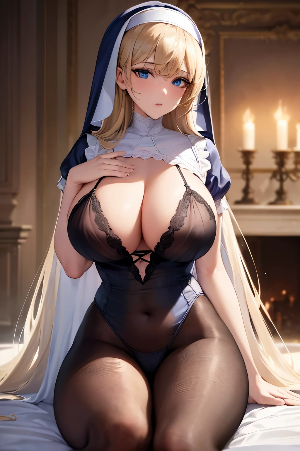 (Hyper realistic), (highest detailed), (masterpiece), Neat 26 year old, big blue eyes, dark-blonde, messy and long, detailed perfect legs, (grieving nun), (sexy white see-through satin nightgown:1.2), seductively posing in front of fireplace, (cute face), (elegant), (pretty), (large size body), (dark mood lighting), round innocent face, soft eyes, natural skin, high detailed, seductive, (messy hair), film photography, vintage, realistic, sharp focus, (very detailed), (4K HQ), high contrast, shadows, bokeh, (detailed and realistic skin texture), (detailed clothing), (detailed background), candid full body, (detailed face and eyes:1.2), (huge breasts:1.1), (busty), (deep cleavage:1.1), (breasts outline:1.2), (labia:1.2).