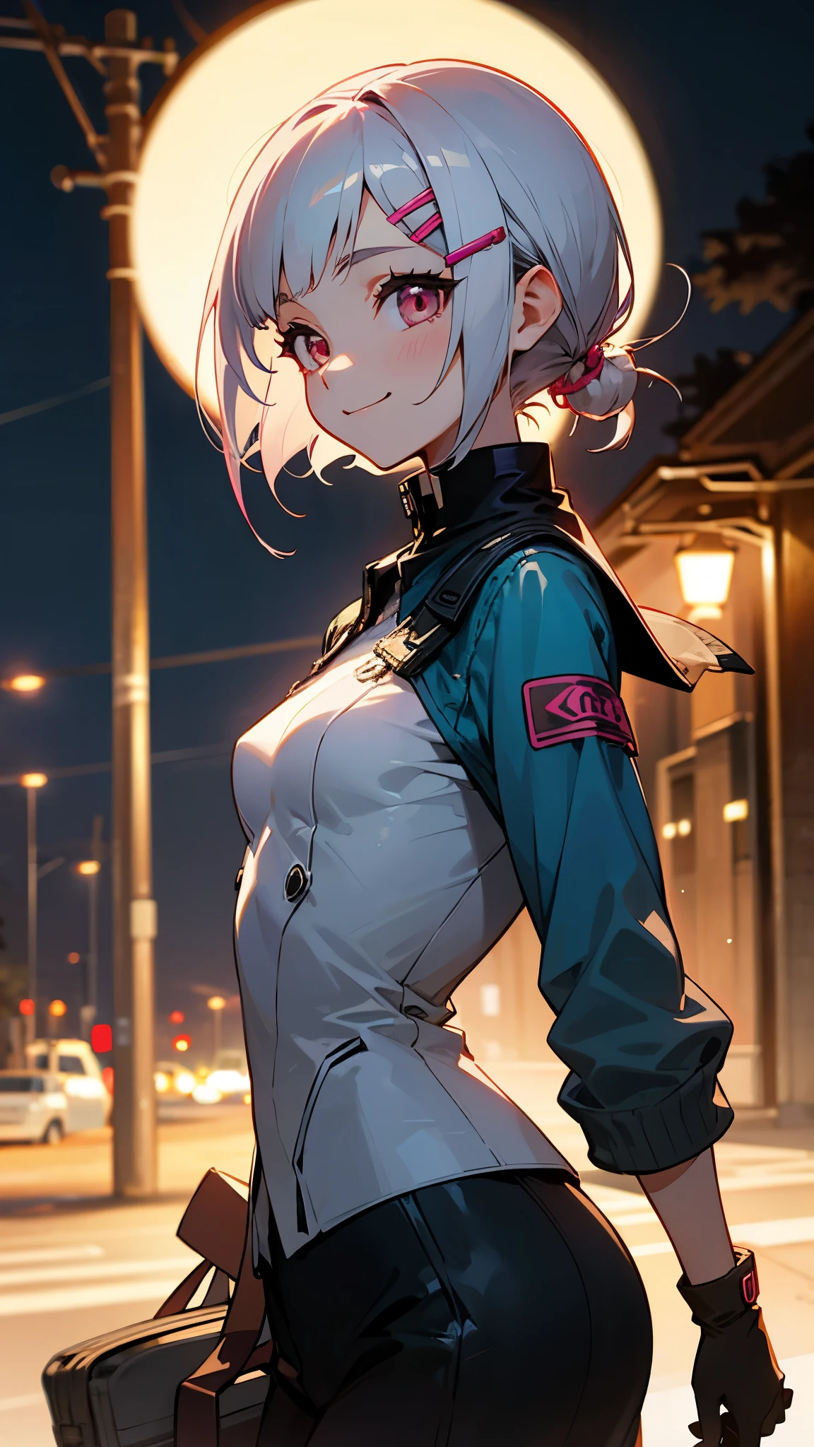 high school girl、Short hairstyles for silver hair and bob、Hair tied up in a bun with a hair clip、Shining pink round eyes、smile、From the side、small breasts、Riders jacket、gloves、outdoor at night、under the street lights