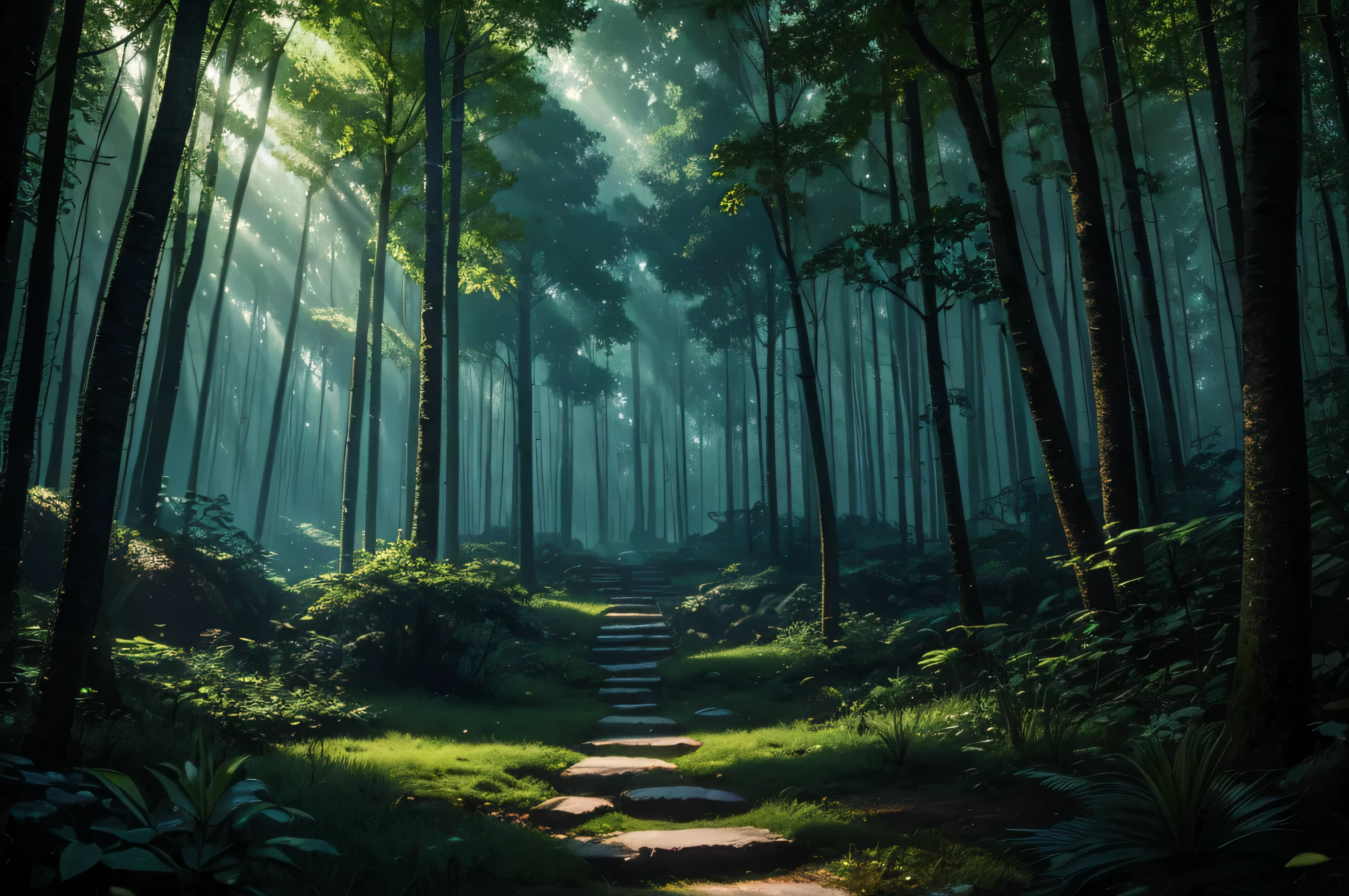 The Forest of Dark Wonders is an enchanted realm of lush vegetation and vibrant magic, situado perto do misterioso Lago Negro. Ao entrar nesta floresta, adventurers are enveloped by an atmosphere of mystery and wonder. alto, winding trees rise in elegant spirals, com folhagem que brilha suavemente em tons de verde escuro e azul profundo. Luminous mushrooms dot the forest floor, emitindo um suave, luz hipnotizante. (arte digital, arte de fantasia, arte de RPG)