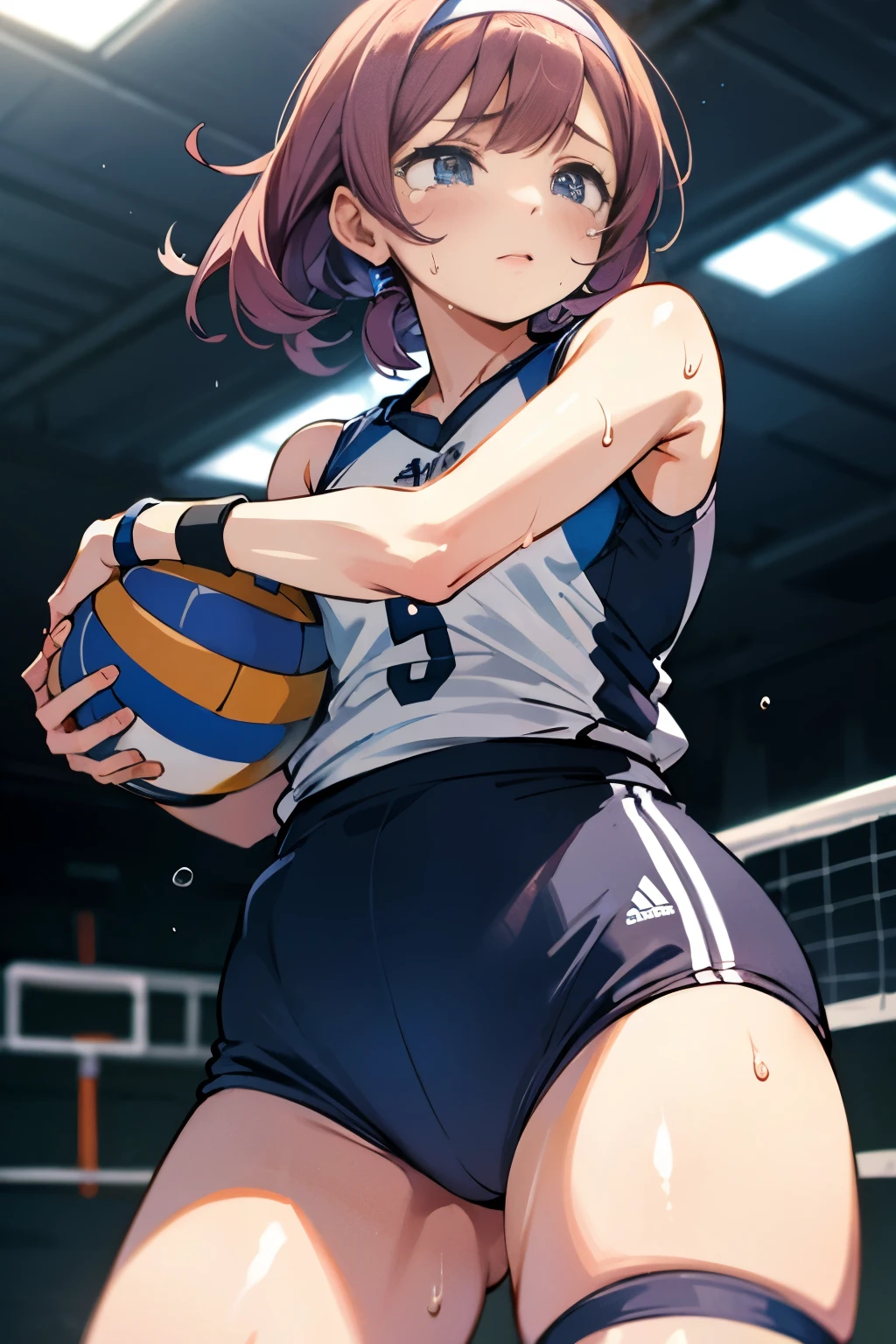 unity 8k wallpaper, anatomically correct, (((masterpiece))), (((best quality))), (((ultra detailed))), (((high-resolution))), ((super fine illustration)), ((Ultimate cutie)), ((detailed beautiful face)), ((perfect hands)), perfect finger, (((good anatomy))), Solo, One girl, , potbelly, (Curve), (plump), medium breasts, ((thick thighs)), Shiny hair, (A look of regret), (((Tearfully))), ((blush)), BREAK, Adidas, (((Buruma))), (Sleeveless Volleyball Uniforms), head band, ((wristbands)), ((Kneepads)), BREAK, ((Hold a beautiful Perfectly spherical 6" volleyball with both hands)), slouching forward, ((Sweat)), (perspired), (Heavy breathing), Sense of depth, in gymnasium, Lighting, (Looking down), cowboy shot