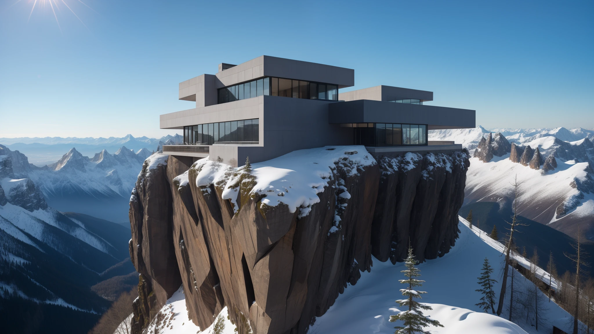 brutalist home in snowy mountaintop jagged rocks, cliffside, mountain peak