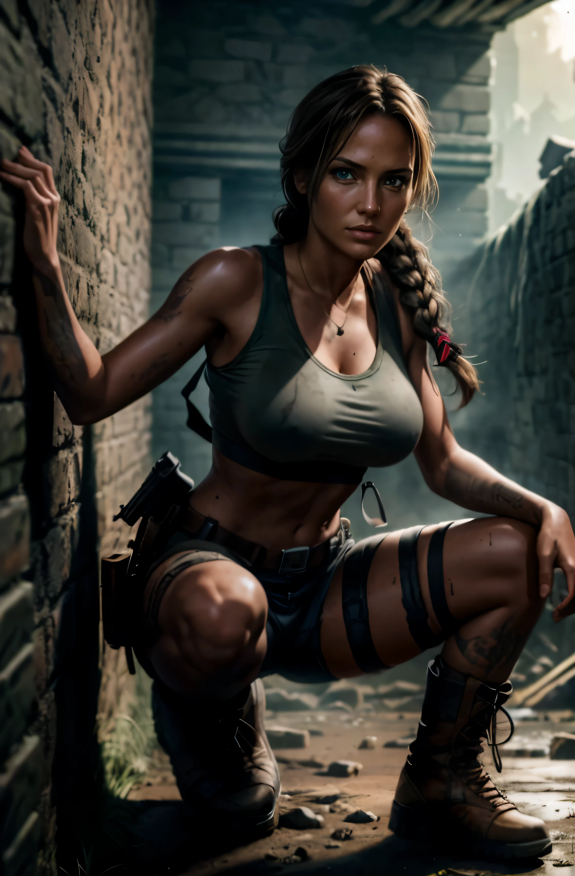 Lara Croft, 8 Tausend, Better quality, Echtes Bild, Komplizierte Details, ultradetailliert, ultra high resolution, Tiefenfeld,(fotorealistisch,Realistisch:1.2), Cinestill 800 Meisterwerk,Foto von 1Girl, Trends auf ArtStation, Unwirkliche Engine, Grabräuber, Realistisch, braune Stiefel, Lippen, lange Haare, nur, Ruinenstadt-Hintergrund von Lee Jeffries, dramatische Beleuchtung, Nikon d850, LAGER DIE FILME, Fotografie 4 Kodak Portra 400 F1 Kamera.6 Linsen, satte Farben, hyperrealistisch, realistische Textur, in einem Kerker, pretty face, Enges Oberteil, Durchtrainierte Arme, ((hart durch Kleidung)), Verkauf, schlammig, Sold on the skin, except, Sweat drips from his legs, Nasse Kleidung, Halten Sie eine Waffe, An eine Wand gelehnt , sks Frau