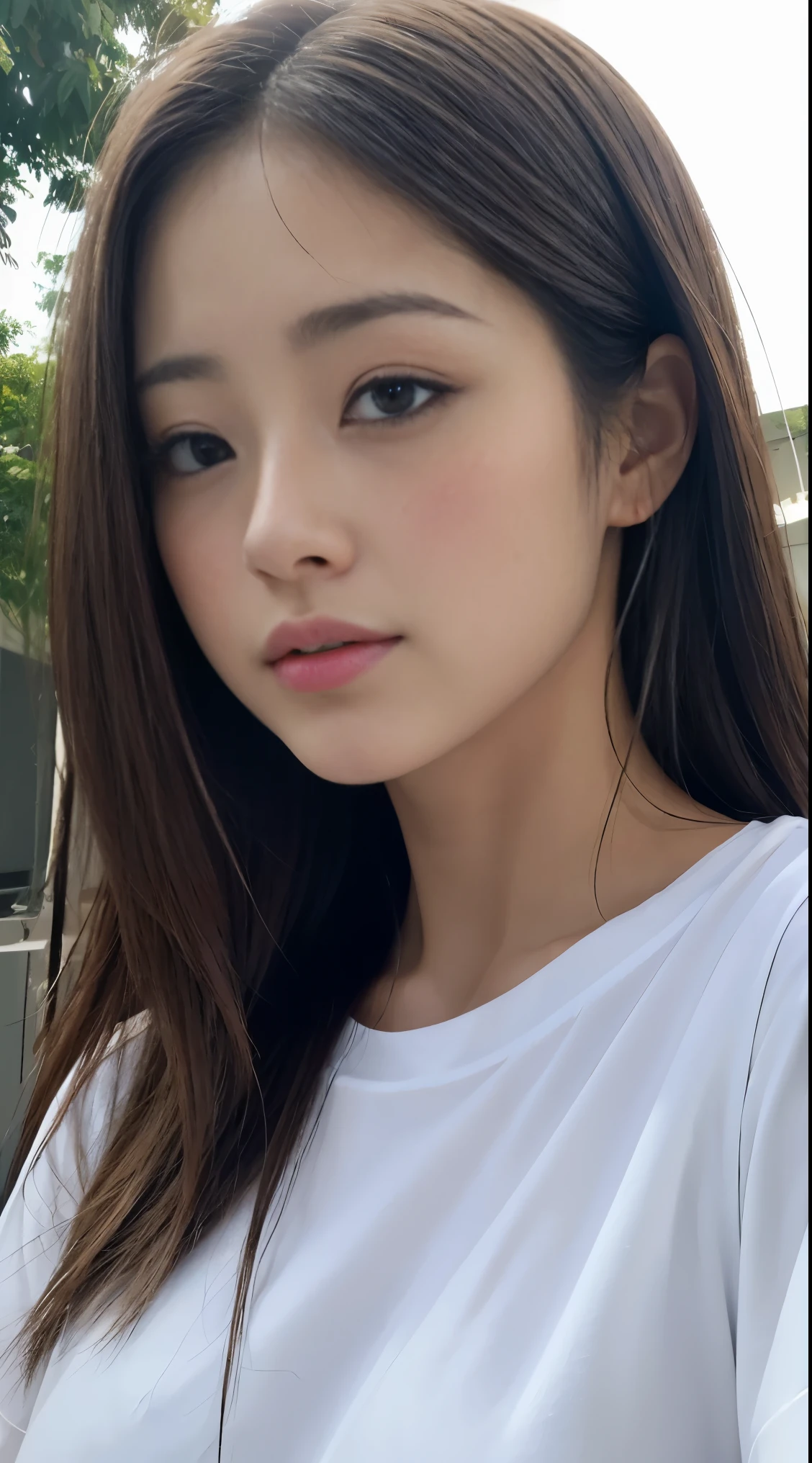 doress、(Photorealsitic:1.4)、(hyper realisitic:1.4)、(realisitic:1.3)、(Smooth lighting:1.05)、(Improved lighting quality in movies:0.9)、32K、1girl in、20 years girl、Realistic lighting、Back lighting、Facial light、raytrace、(brightened light:1.2)、(enhanced quality:1.4)、(Top quality real texture skins:1.4)、finely eye、finerly detailed face、Fine quality eye、(Tired, sleepy and satisfied:0.0)、 close up of face、tshirts、(enhance body line mood:1.1)、(Increase the beauty of skin texture:1.1)、((Satomi Ishihara))、white t-shirts、Concrete background