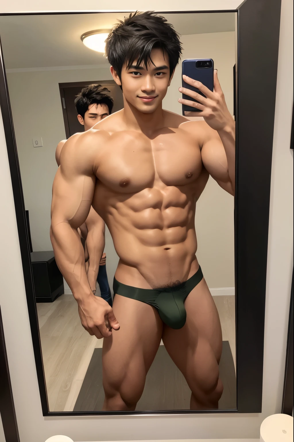 2boys, vietnamese male, two young hot handsome muscular boys, wearing y dark olive green small micro thongs, well-endowed, massive bulges, sexnd cute, messy hair, dynamic hairstyles, detailed face, detailed eyes, big eye, smirking, playful, smug, flexing and posing cockilmile, mirror selfie, holding his phone up in front of him, iphone photograph, dynamic poses, perfect hands, sexy and c, realistic skin, dark skin, aesthetics, perfect hands, realistic, photorealistic, masterpiece, highest quality, perfect lightings, modern, photoshoot, award-winning photo, by Adonisjing, indoors, dormitory, height difference, different body types, different musculatures