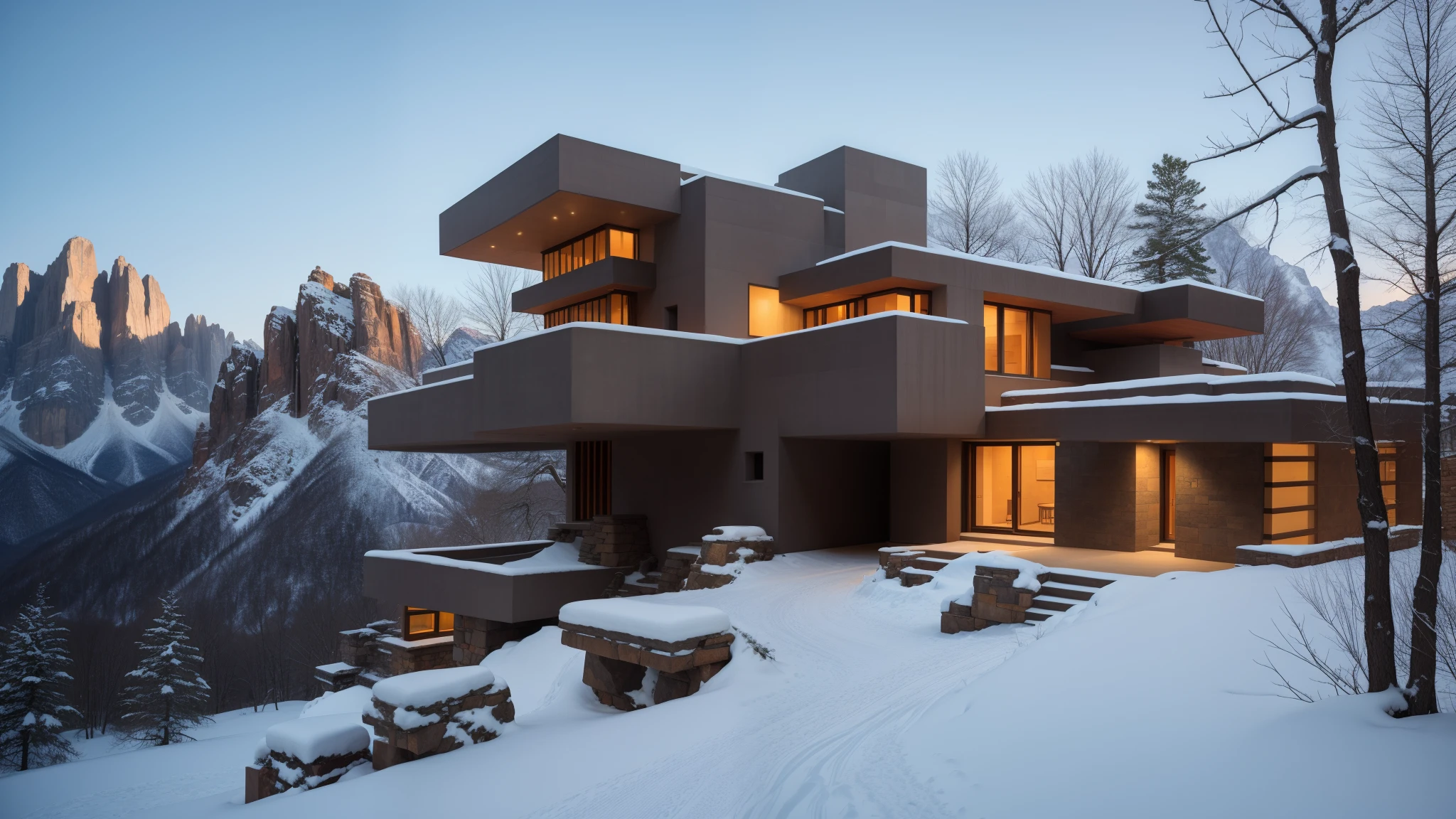 brutalist home in snowy mountaintop jagged rocks, cliffside, mountain peak, frank lloyd wright
