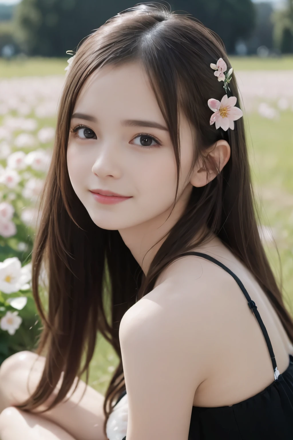 Masterpiece, Best quality, 8k, 18 ans, Photo brute, absurdes, Award-winning portrait, sourire, sourire, pure, french, pink black white dress, spring, , orchard in bloom, Italian, elegant,, sitting, long hair, nirvana