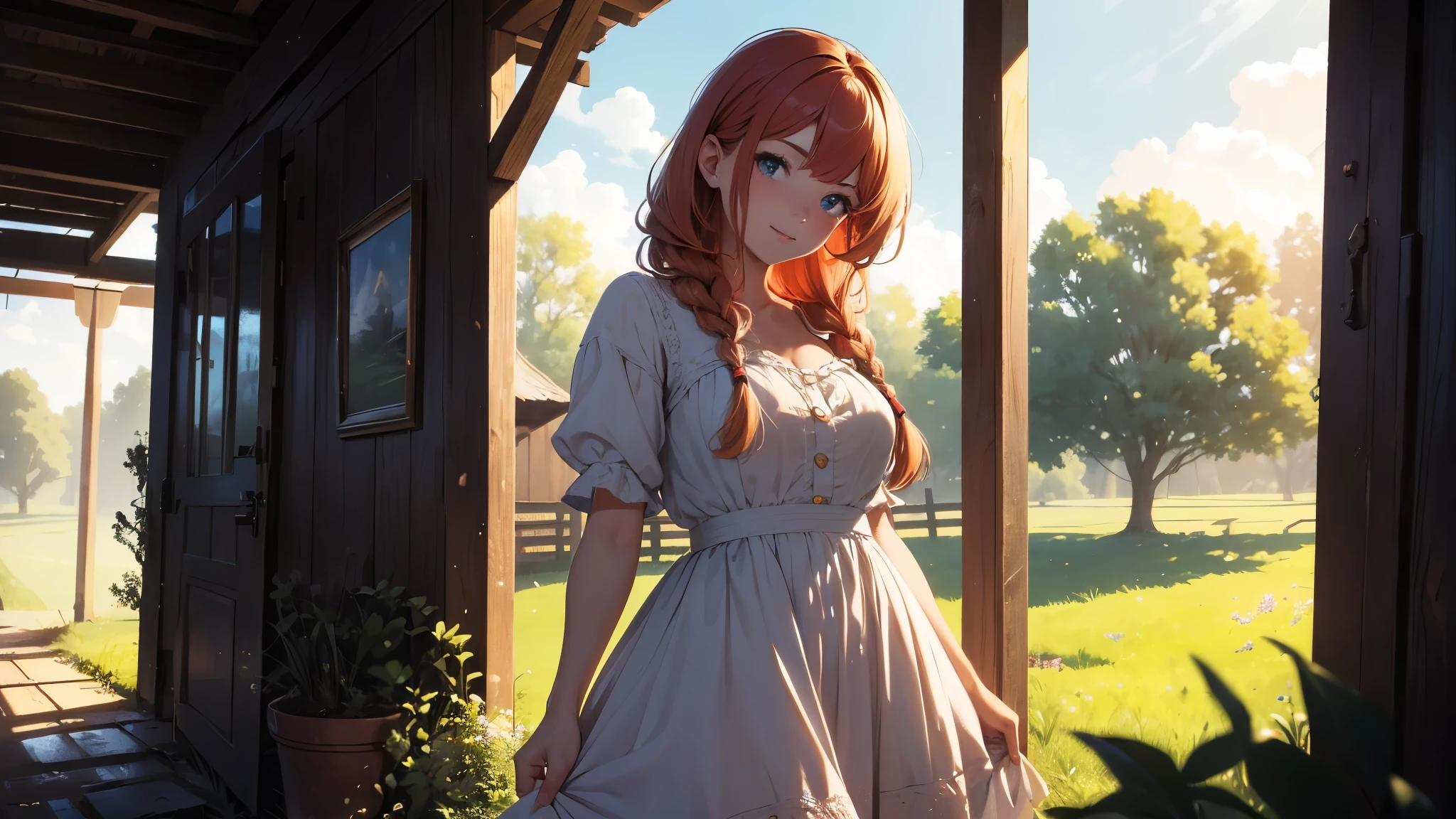 ((masterpiece,best quality,ultra detailed,ultra high res,detailed country yard background)), soft realistic focus, dynamic shadows, realistic image, vibrant colors,light leaks,dreamy atmosphere,chiaroscuro,BREAK
experimental charm, The girl is depicted in full growth, you see the girl from head to toe, nostalgic appeal, country girlfriend, she take you with yourself, simple open short dress, soft mischievous smile, freckles, shiny light red hair, she will take your hand, thick braids