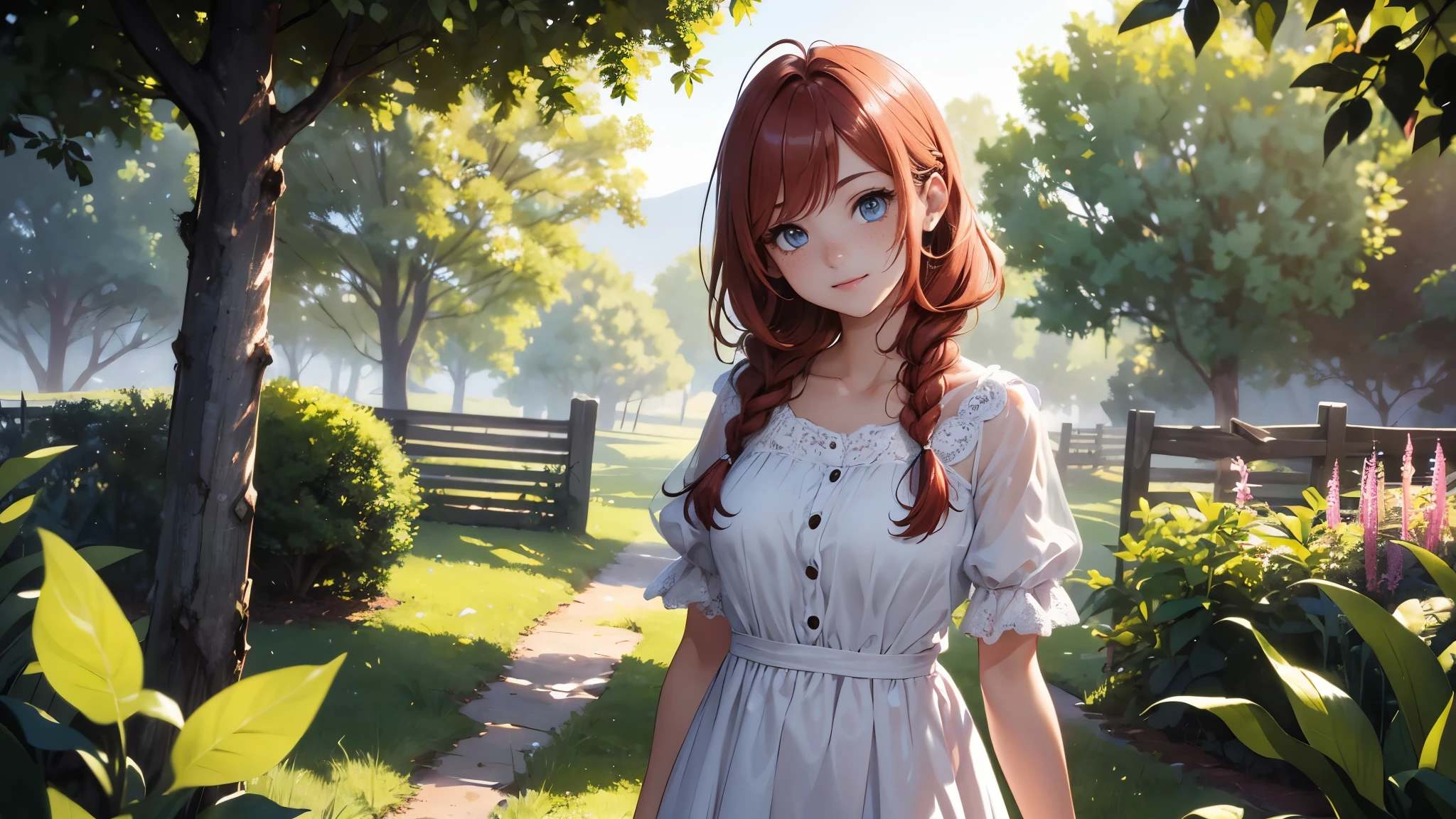 ((masterpiece,best quality,ultra detailed,ultra high res,detailed country yard background)), soft realistic focus, dynamic shadows, realistic image, vibrant colors,light leaks,dreamy atmosphere,chiaroscuro,BREAK
experimental charm, The girl is depicted in full growth, you see the girl from head to toe, nostalgic appeal, country girlfriend, she take you with yourself, simple open short dress, soft mischievous smile, freckles, shiny light red hair, she will take your hand, thick braids