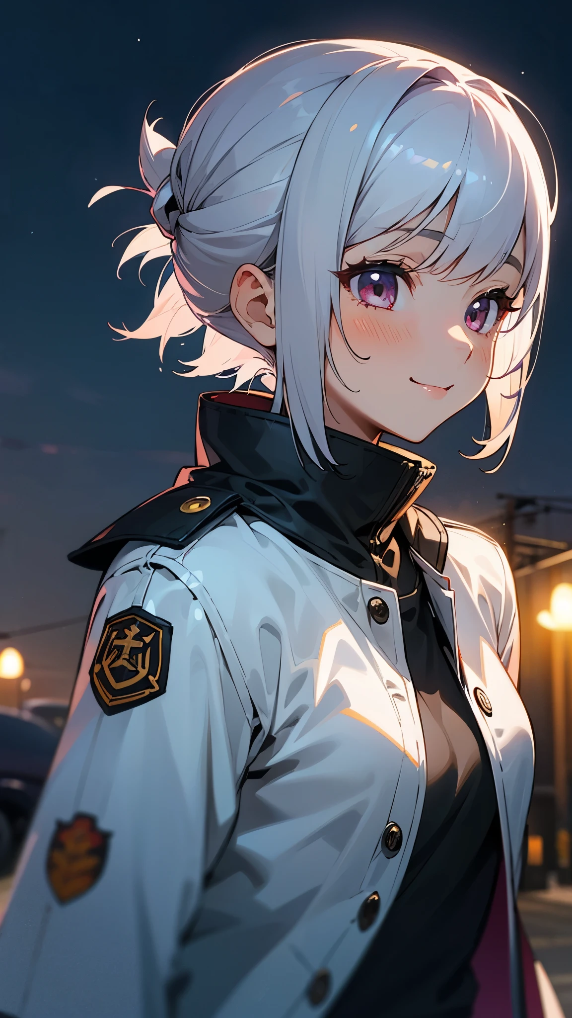 anime high school girl、Short hairstyles for silver hair and bob、Hair tied up in a bun with a hair clip、Shining pink round eyes、smile、From the side、small breasts、Riders jacket、gloves、outdoor at night、under the street lights、upper body close-up