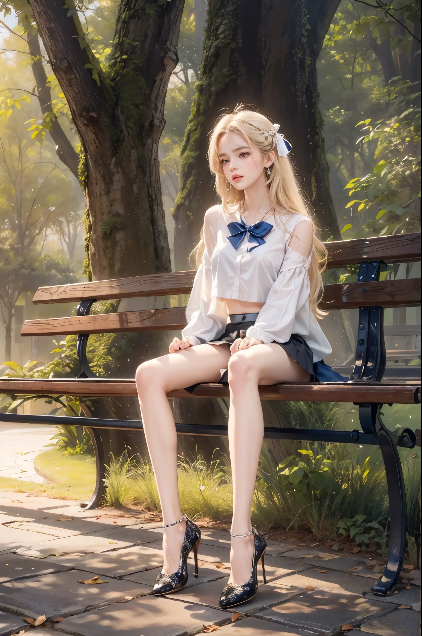 masterpiece, best quality, high quality, High definition, High quality texture, High quality shadow, high detail, beautiful detailed, finely detailed, extremely detailed cg, detailed texture, a realistic representation of the face, realistic, colorful, delicate, sharp focus, (intricate details, makeup, PureErosFace_V1:0.5), (detailed beautiful delicate face, detailed beautiful delicate eyes, a face of perfect proportion, high detailed skin, detailed skin, best ratio four finger and one thumb, skiny and thin:1.3), 1girl, 17 years old, tall, (smooth_abs:1.55), (abs:0.5), pretty, masterpiece, highres, (long_skinny_legs), (straight_legs), (skinny_waist), (((fair skin))), white skin, (((pale skin))), (Emma_watson), big_breast, (((Caucasian))), Light blonde hair, full body, portrait of 1 cute blonde girll, film grain, Fujifilm XT3, dreamy. ((full body)), ((from side)), ((Sit on a park bench, slender leg)), ((realistic)), Air bangs, Beautiful hair accessories, slim, ((White color blouse, Short black tight skirt, neck bowtie, high-heels)), (Campus style), warm lights, a warm color palette, Delicate earrings, Delicate necklace, Simple blurred background