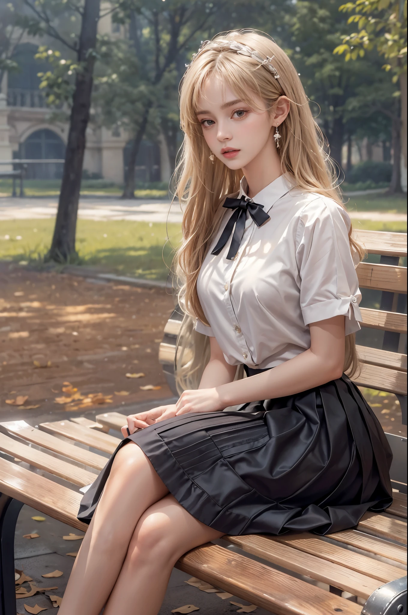 masterpiece, best quality, high quality, High definition, High quality texture, High quality shadow, high detail, beautiful detailed, finely detailed, extremely detailed cg, detailed texture, a realistic representation of the face, realistic, colorful, delicate, sharp focus, (intricate details, makeup, PureErosFace_V1:0.5), (detailed beautiful delicate face, detailed beautiful delicate eyes, a face of perfect proportion, high detailed skin, detailed skin, best ratio four finger and one thumb, skiny and thin:1.3), 1girl, , tall, (smooth_abs:1.55), (abs:0.5), pretty, masterpiece, highres, (long_skinny_legs), (straight_legs), (skinny_waist), (((fair skin))), white skin, (((pale skin))), (Emma_watson), big_breast, (((Caucasian))), Light blonde hair, full body, portrait of 1 cute blonde girll, film grain, Fujifilm XT3, dreamy. ((full body)), ((from side)), ((Sit on a park bench, slender leg)), ((realistic)), Air bangs, Beautiful hair accessories, slim, ((White color blouse, Short black tight skirt, neck bowtie, high-heels)), (Campus style), warm lights, a warm color palette, Delicate earrings, Delicate necklace, Simple blurred background