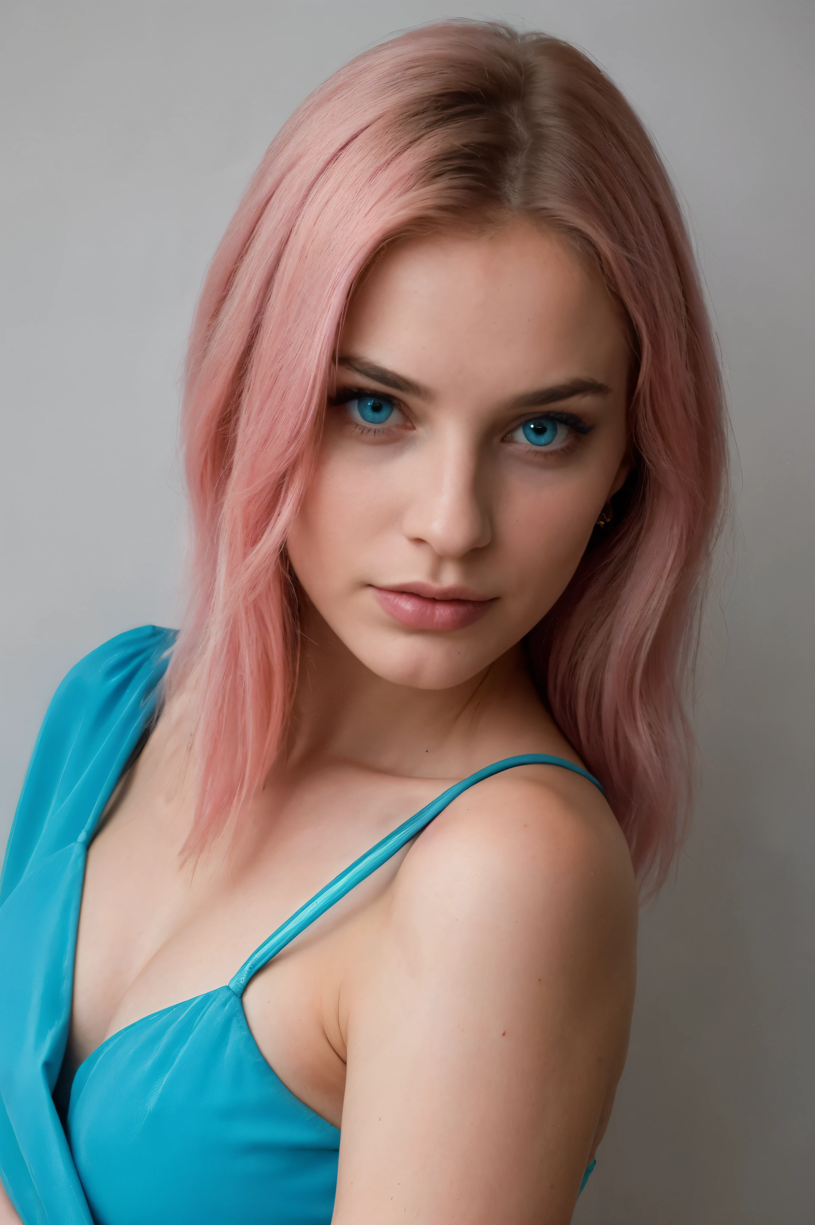 Femme sexy au cheveux rose aux yeux bleus turquoise