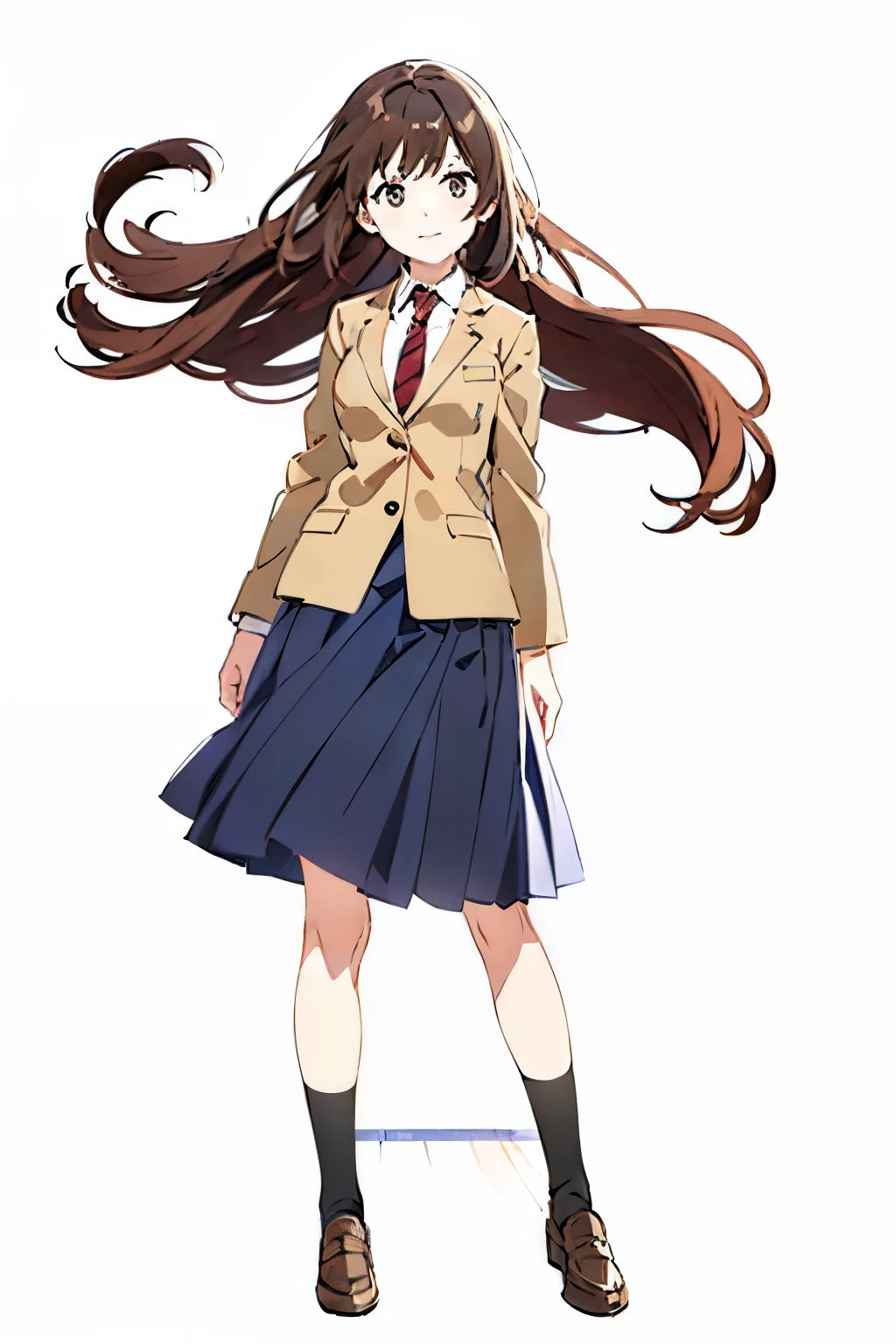 a young woman, (dark blue skirt:1.5), (long skirt:1.5), pleated skirt, (black socks:1.5), (beige blazers:1.4), (red necktie:1.3), (white blouse:1.2), loafers, tall, slender, small breasts, straight hair, long hair, brown hair, grey eyes, full body, looking at viewer, (white background:1.5)