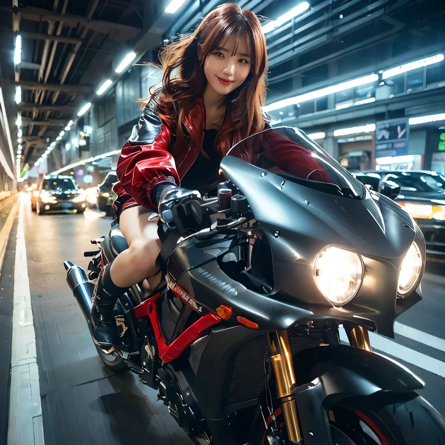 (Ultra-detailed eyes), (((textile shading))), (((Best Quality))), (((materpiece))), (((Ultra-detailed CG))), sassy girl, (((magical ))), (), (tiny chest), long black hair, ((waving by winds, gorgeous hair)), brown eyes, (((biker girl, leather jacket, black bra inside, y2k ripped shorts))), ((striking a pose)), (((Game CG)) (gorgeous, sassy, it girl),neon lights,vibrant colors,night scene, gritty atmosphere,4K. cinematic nighttime japan metro scenery, beauty 18 years red-hair japan girl riding fast her cool design big black silver matte full modification cool racing sporty bike, fast velocity shoot, wearing face-seen helmet, show cool smile intense expression, wearing unzipped red-black sukajan satin jacket, black lace bra inside, very short black lace skirts, upskirts showing her red panties & rider boots, street intercept, bike manouvre, action scene, light trail, dynamic perpective, hyper realistic, riding gesture, taken with Fujifilm XF 56mm f/1.2 R Lens. HDR10 8K, perfect anatomy & correct anatomically hand & fingers